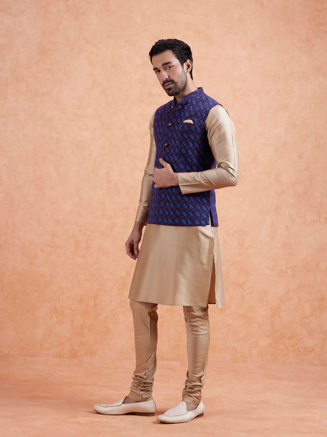 Navy Jacket Beige Kurta Churidar Set - Image 9