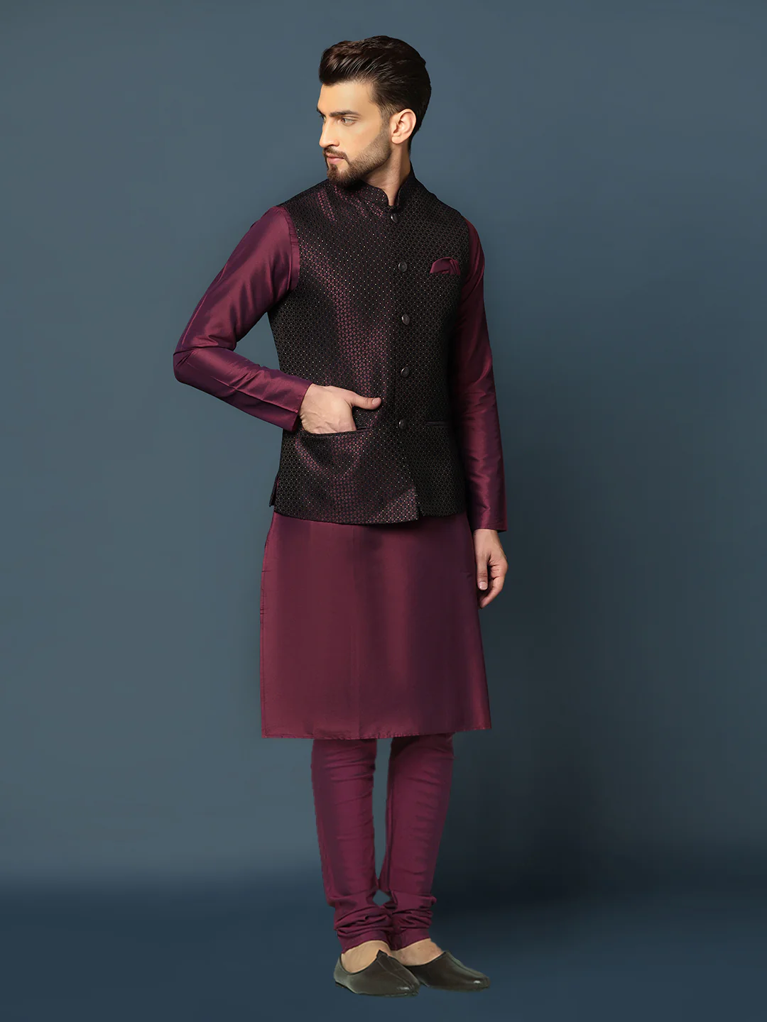 Men's Wine Kurta Jacket Churidar Set - Image 2