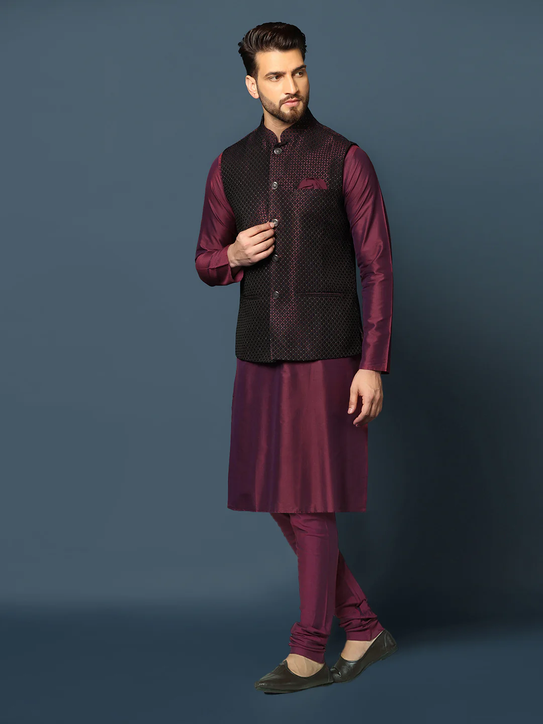 Men's Wine Kurta Jacket Churidar Set - Image 3