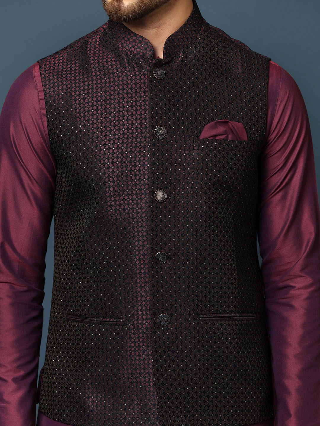 Men's Wine Kurta Jacket Churidar Set - Image 5