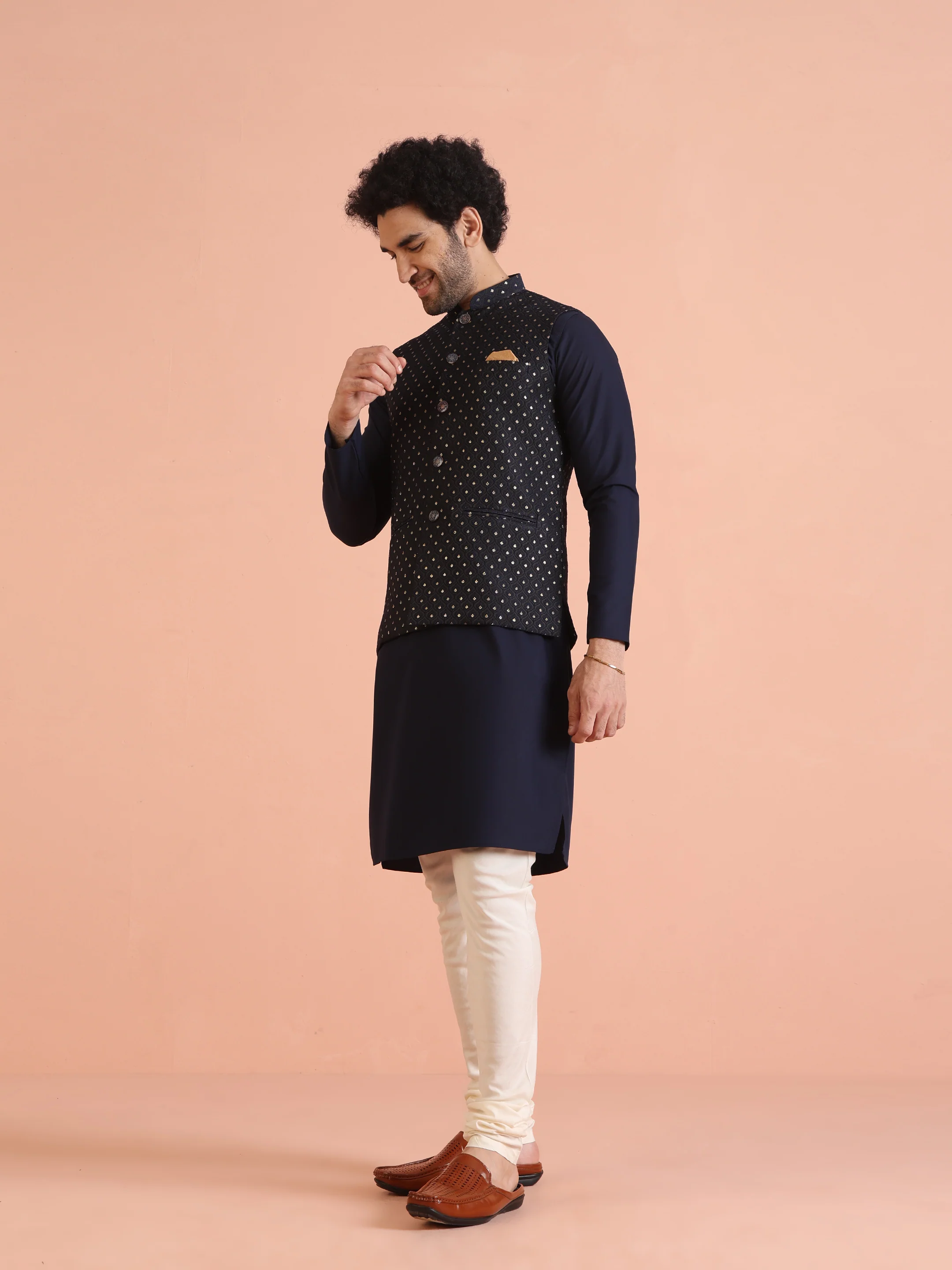 Black Silk Blend Embellished Jacket Kurta Churidar - Image 3