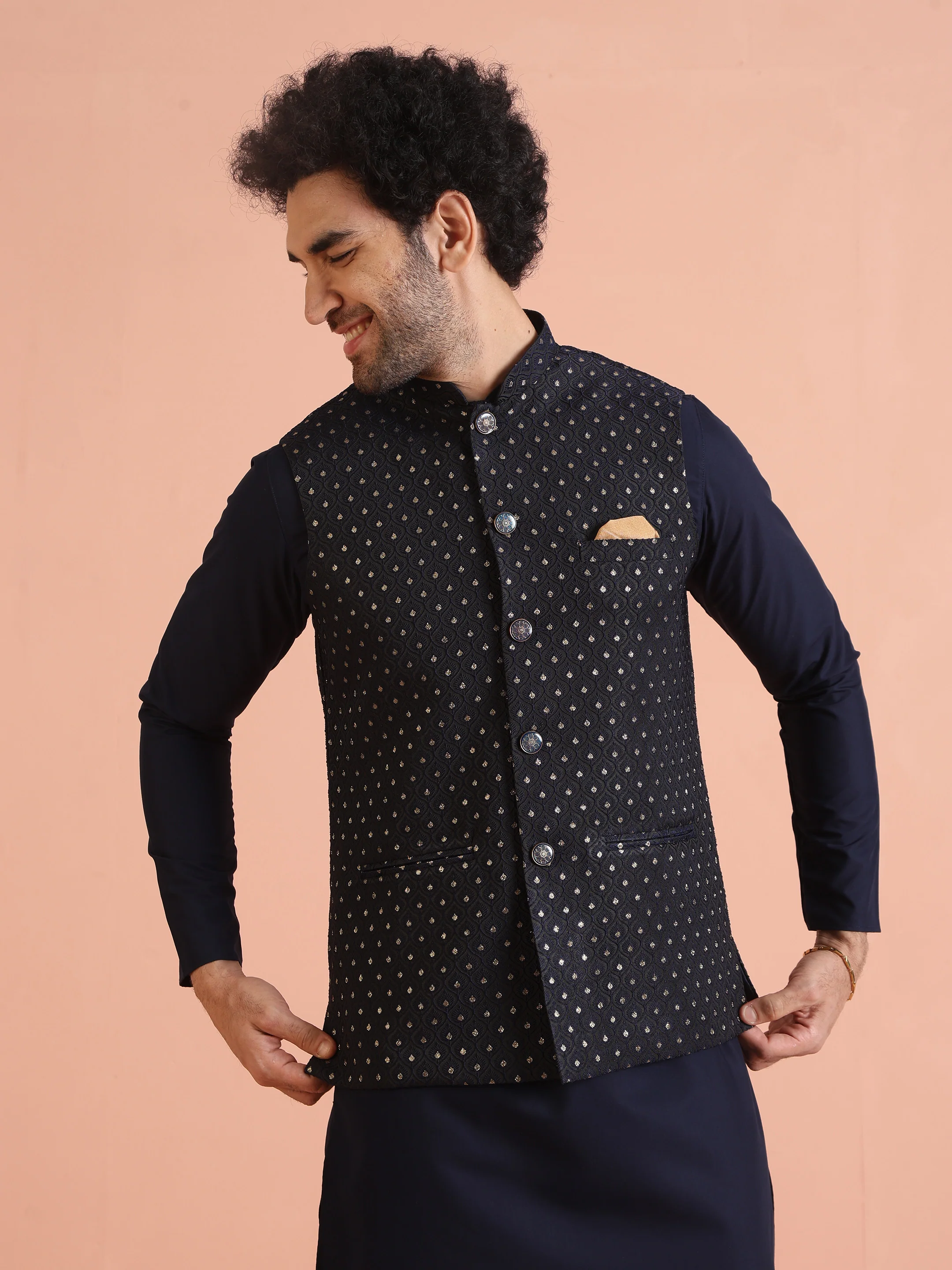Black Silk Blend Embellished Jacket Kurta Churidar - Image 7