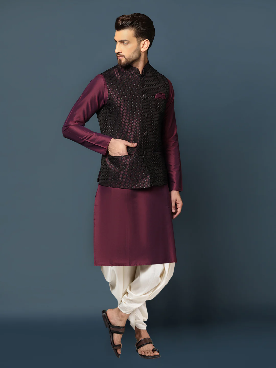 Wine Silk Textured Jacket Kurta Dhoti Set - Image 2