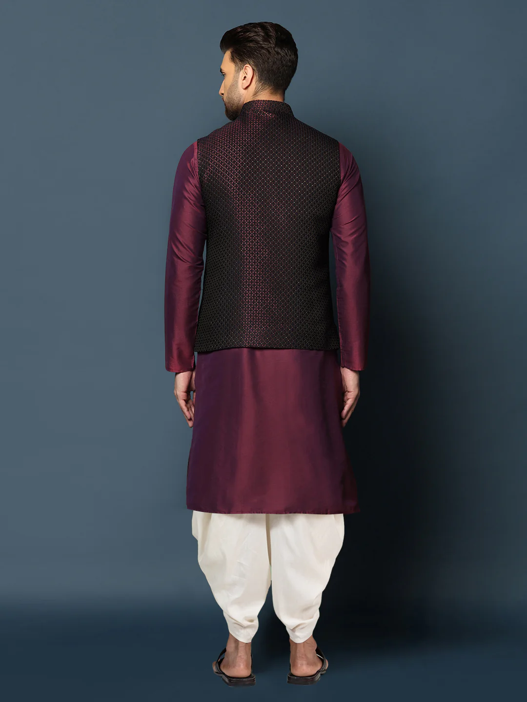 Wine Silk Textured Jacket Kurta Dhoti Set - Image 4