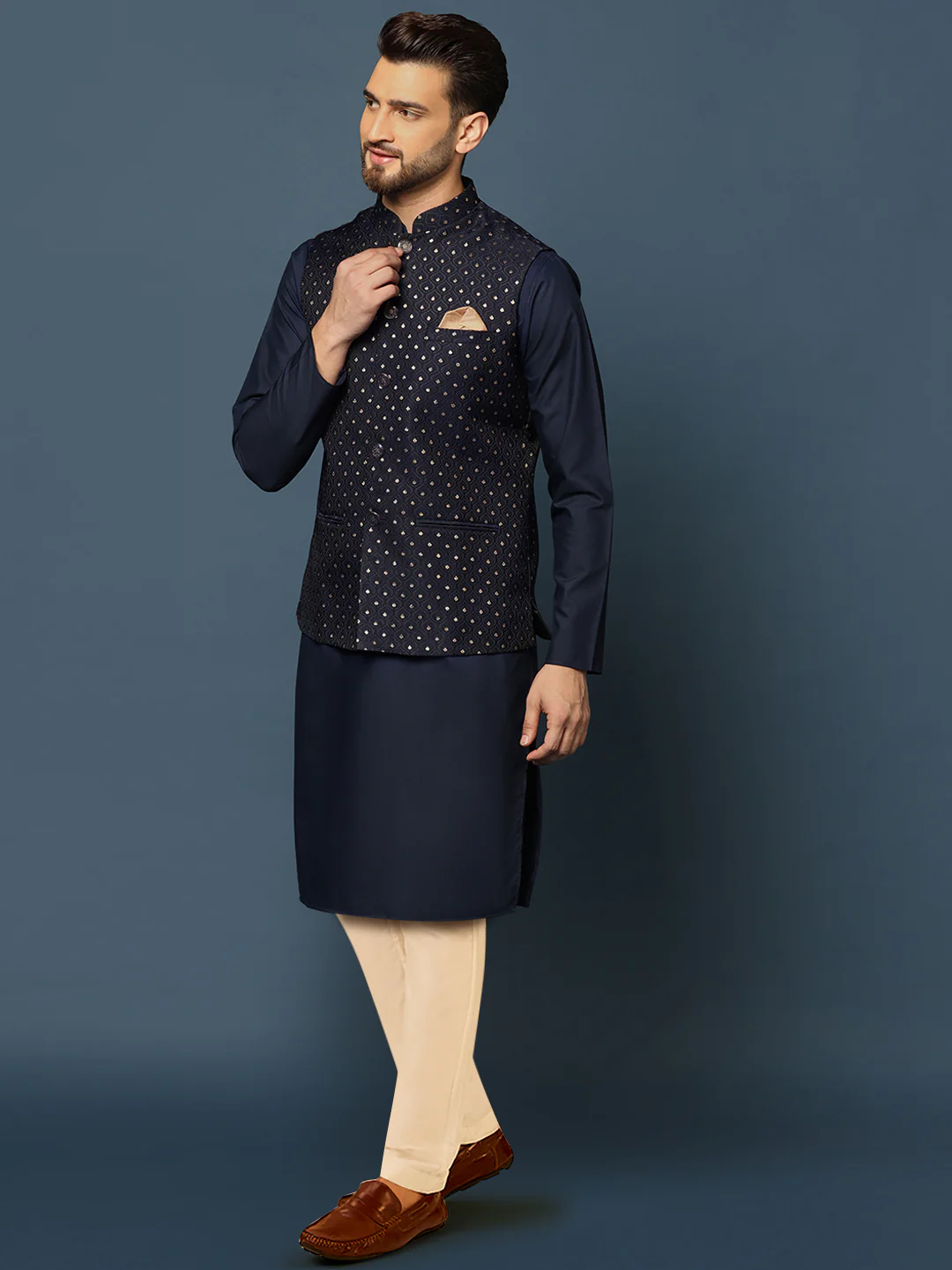 Navy Blue Jacquard Jacket Kurta Trouser Set - Image 3