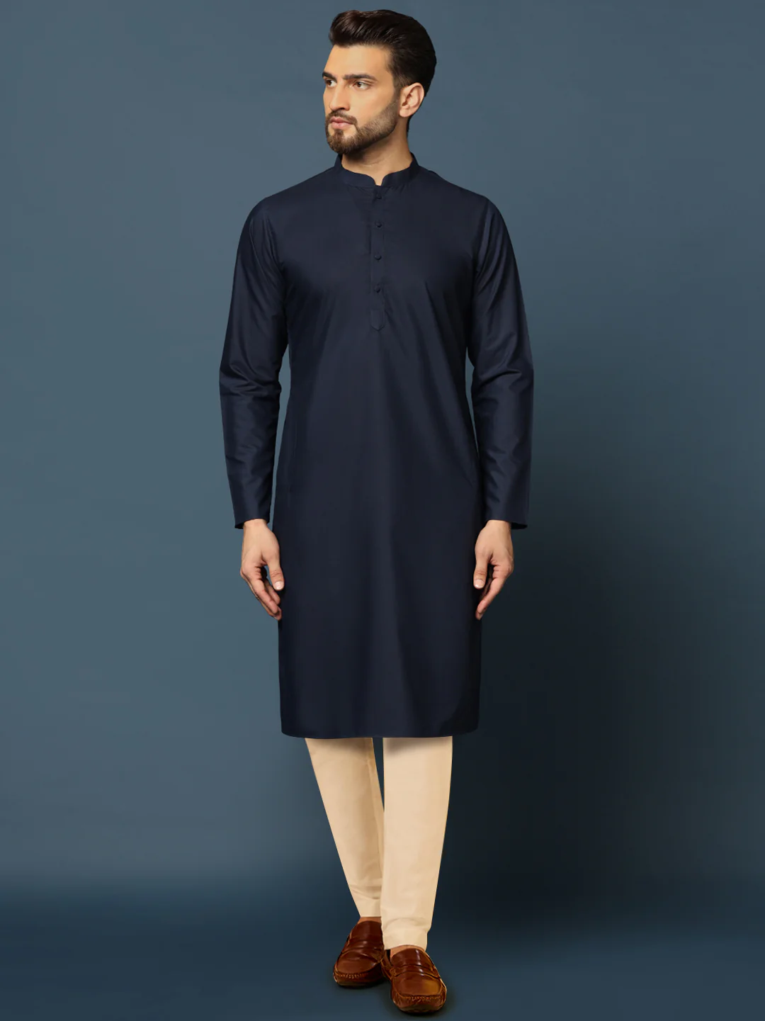 Navy Blue Jacquard Jacket Kurta Trouser Set - Image 5