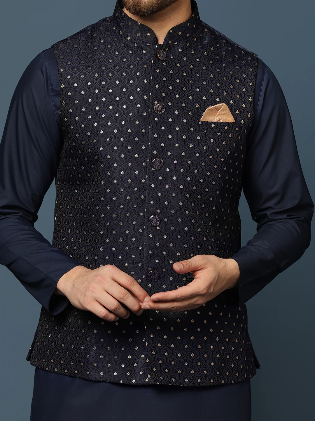 Navy Blue Jacquard Jacket Kurta Trouser Set - Image 6