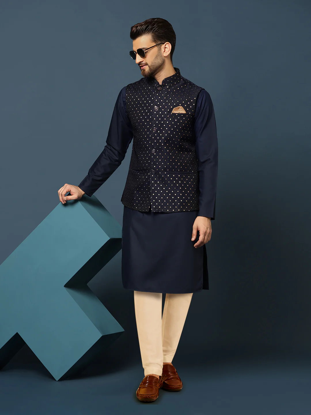 Navy Blue Jacquard Jacket Kurta Trouser Set - Image 8