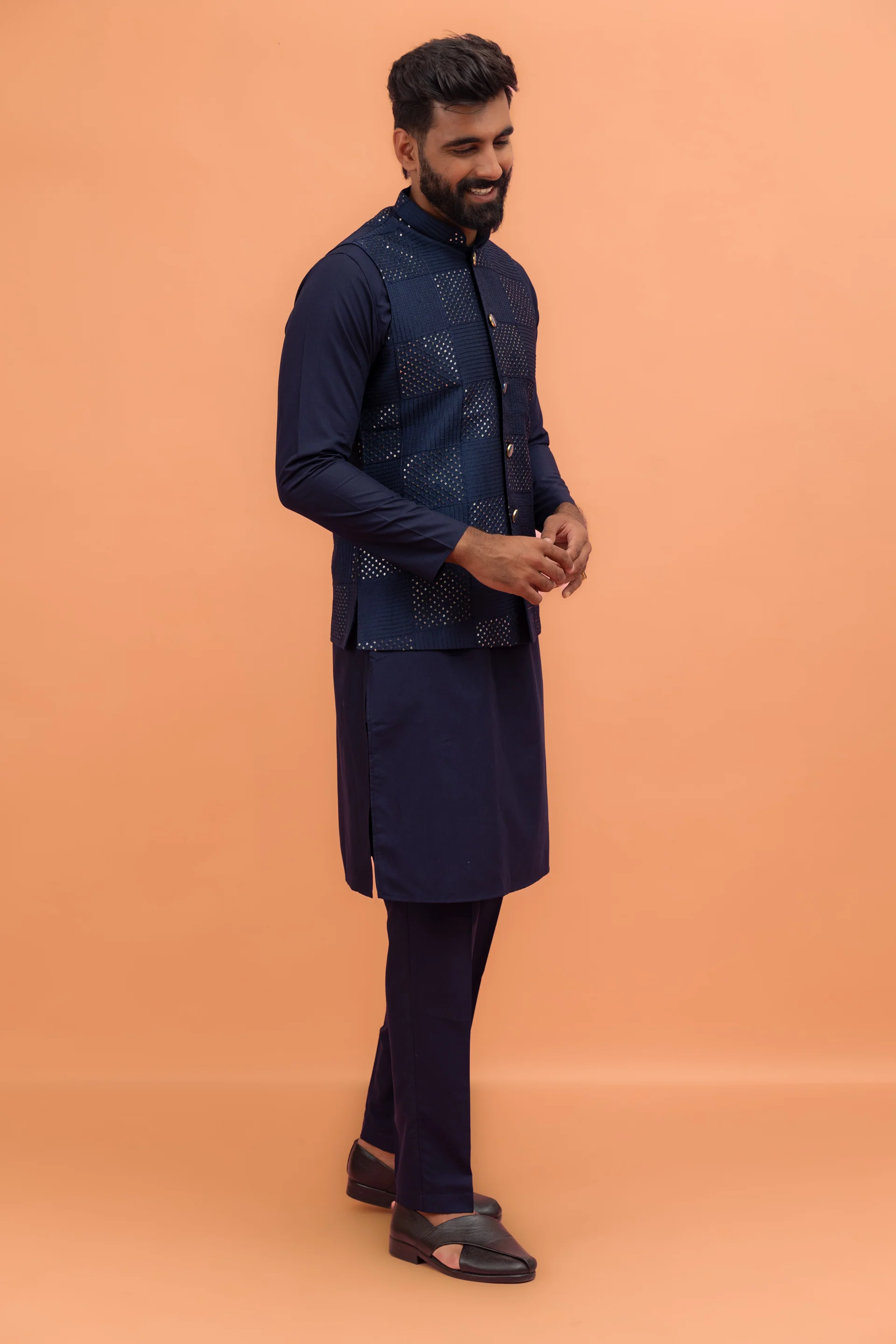Navy Blue Silk Blend Mirror Work Nehru Jacket Kurta Set - Image 2