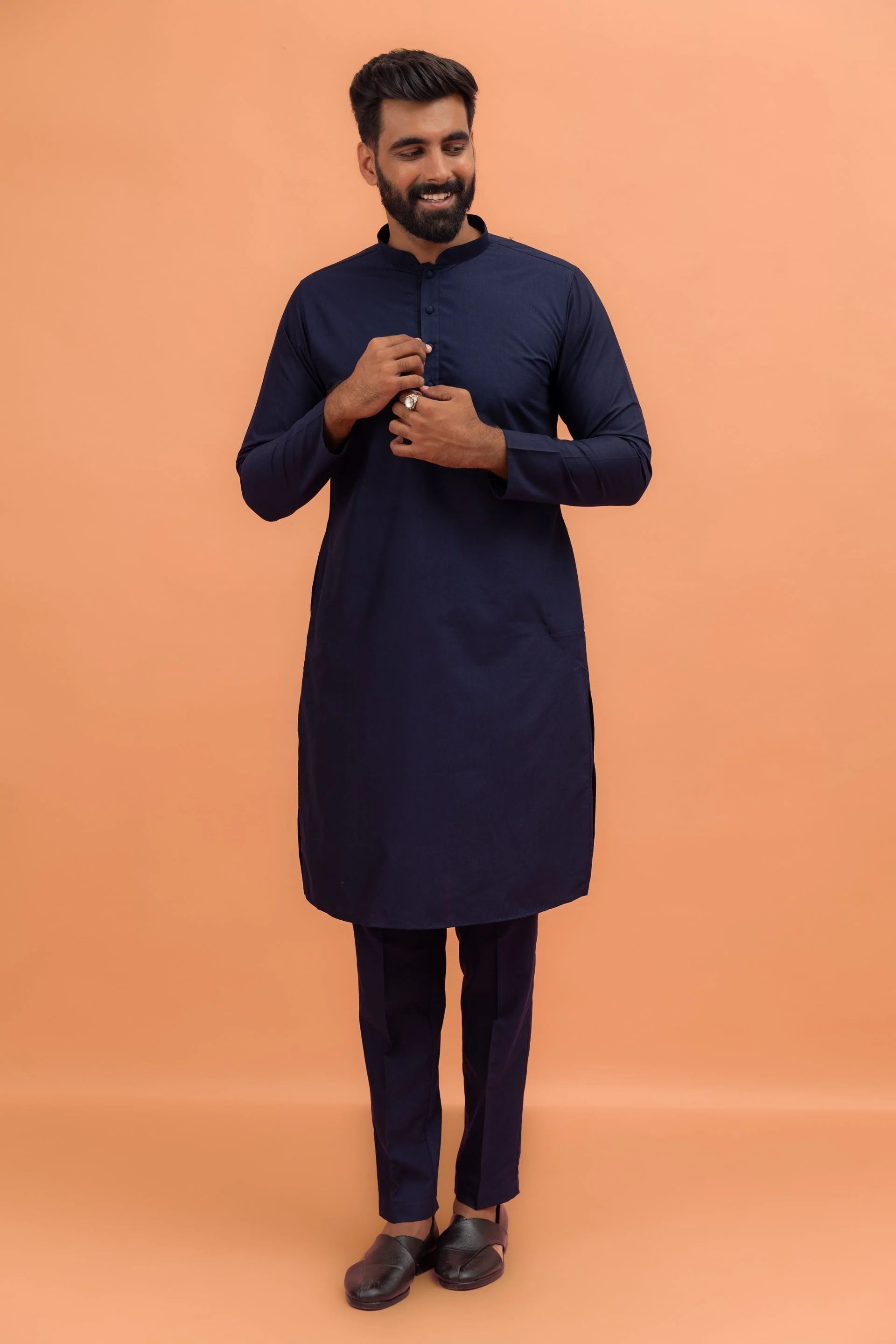 Navy Blue Silk Blend Mirror Work Nehru Jacket Kurta Set - Image 9