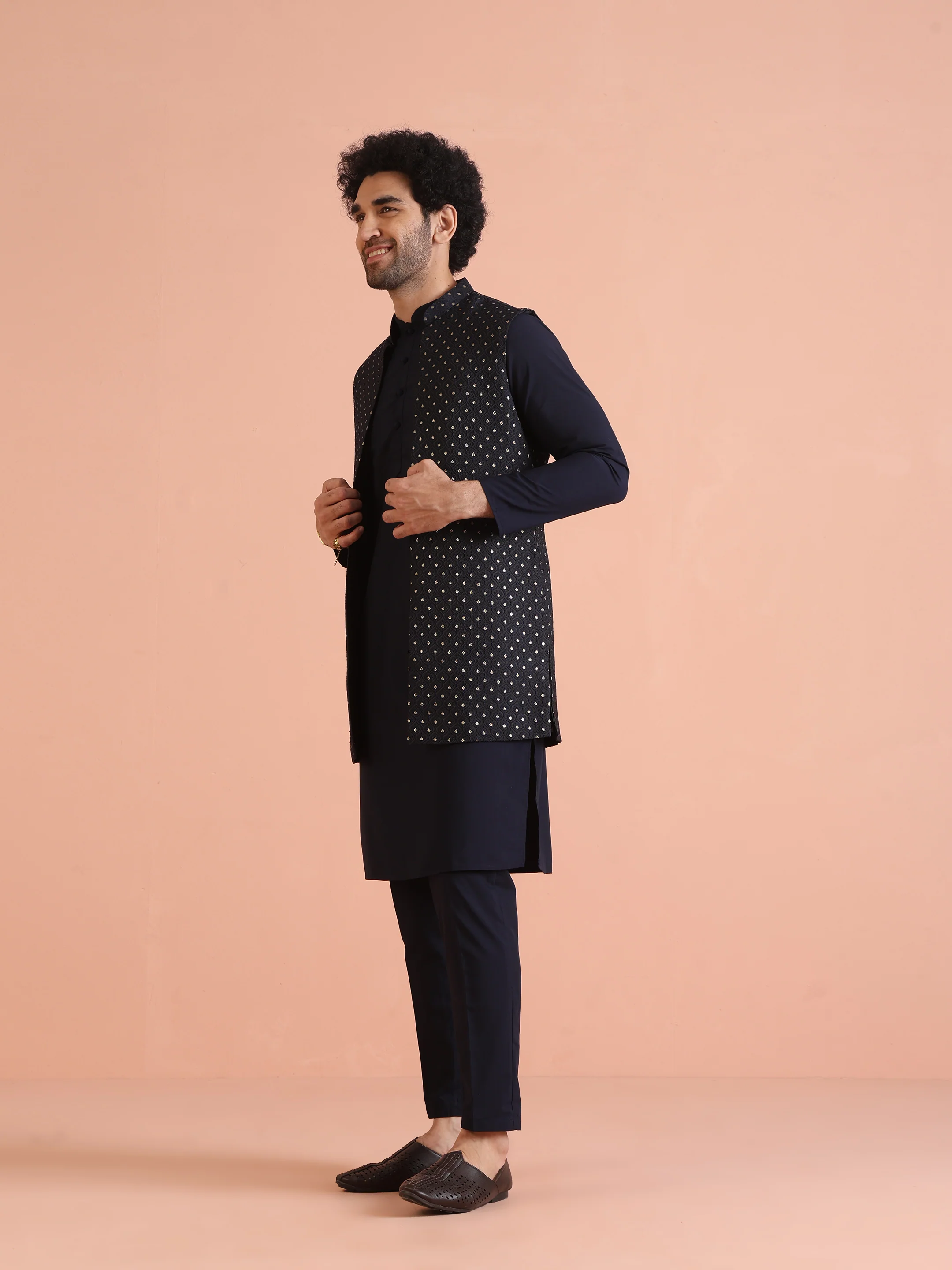 Navy Blue Silk Blend Woven Nehru Jacket Set - Image 2