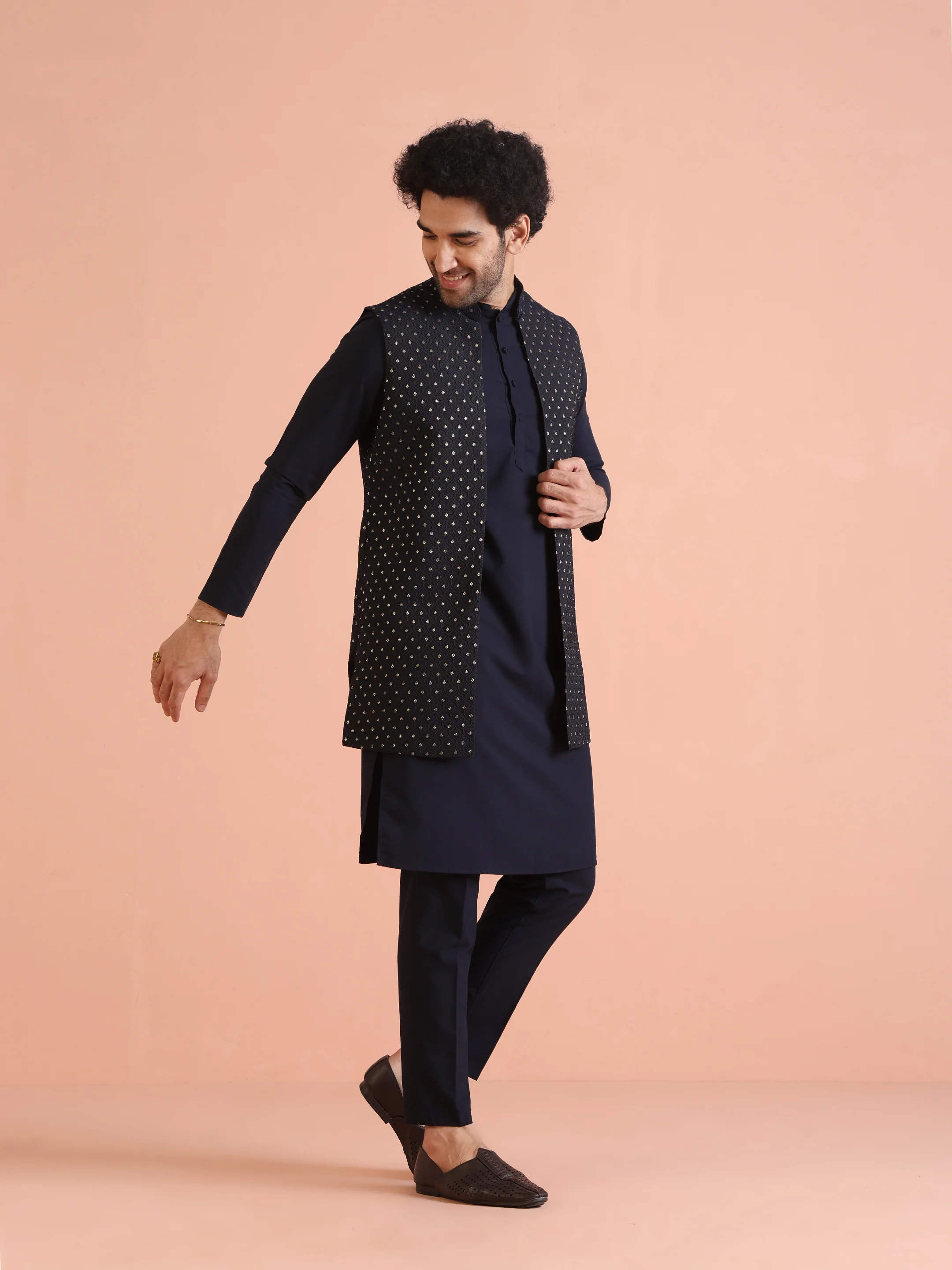 Navy Blue Silk Blend Woven Nehru Jacket Set - Image 3