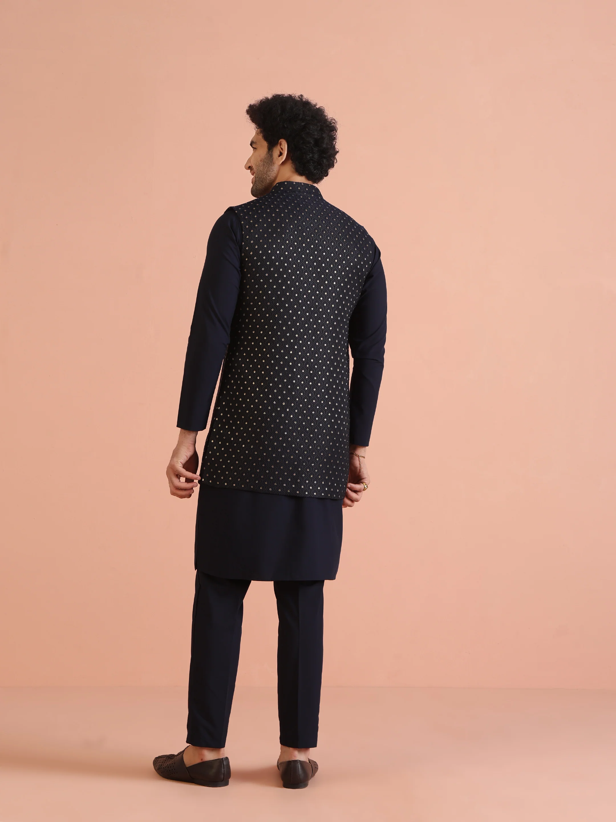 Navy Blue Silk Blend Woven Nehru Jacket Set - Image 4