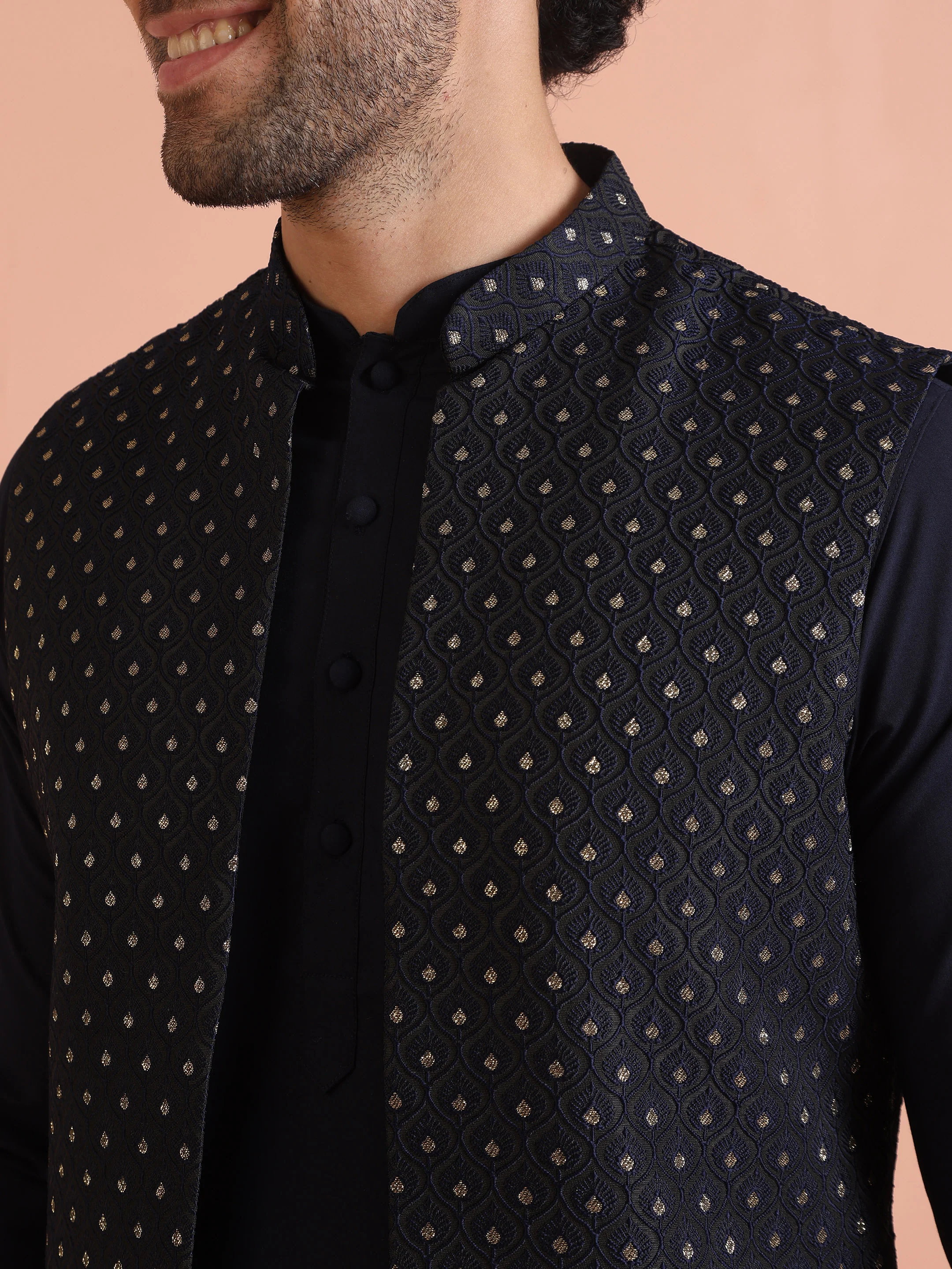Navy Blue Silk Blend Woven Nehru Jacket Set - Image 5