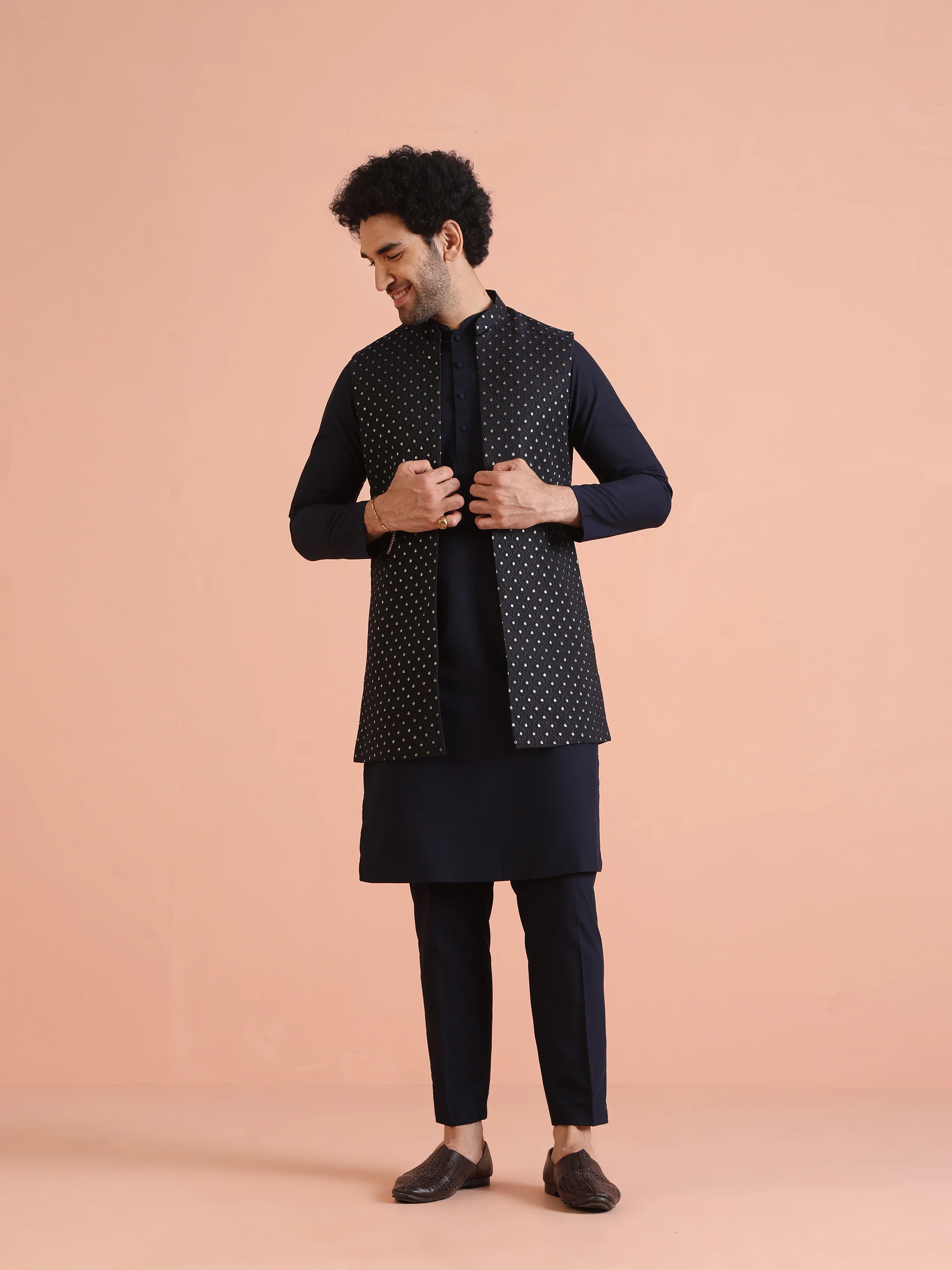 Navy Blue Silk Blend Woven Nehru Jacket Set - Image 8