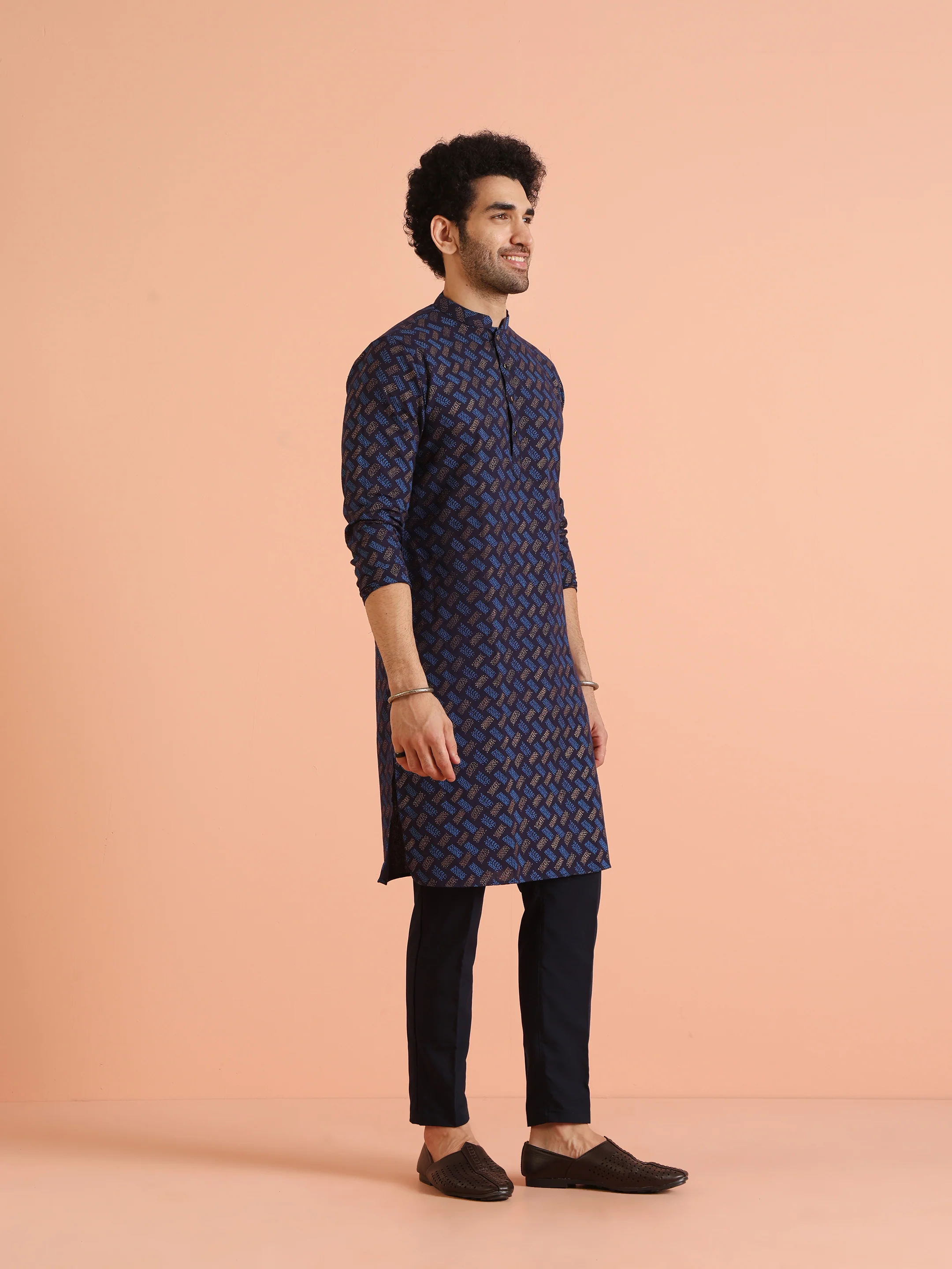 Blue Cotton Silk Printed Long Kurta - Image 3