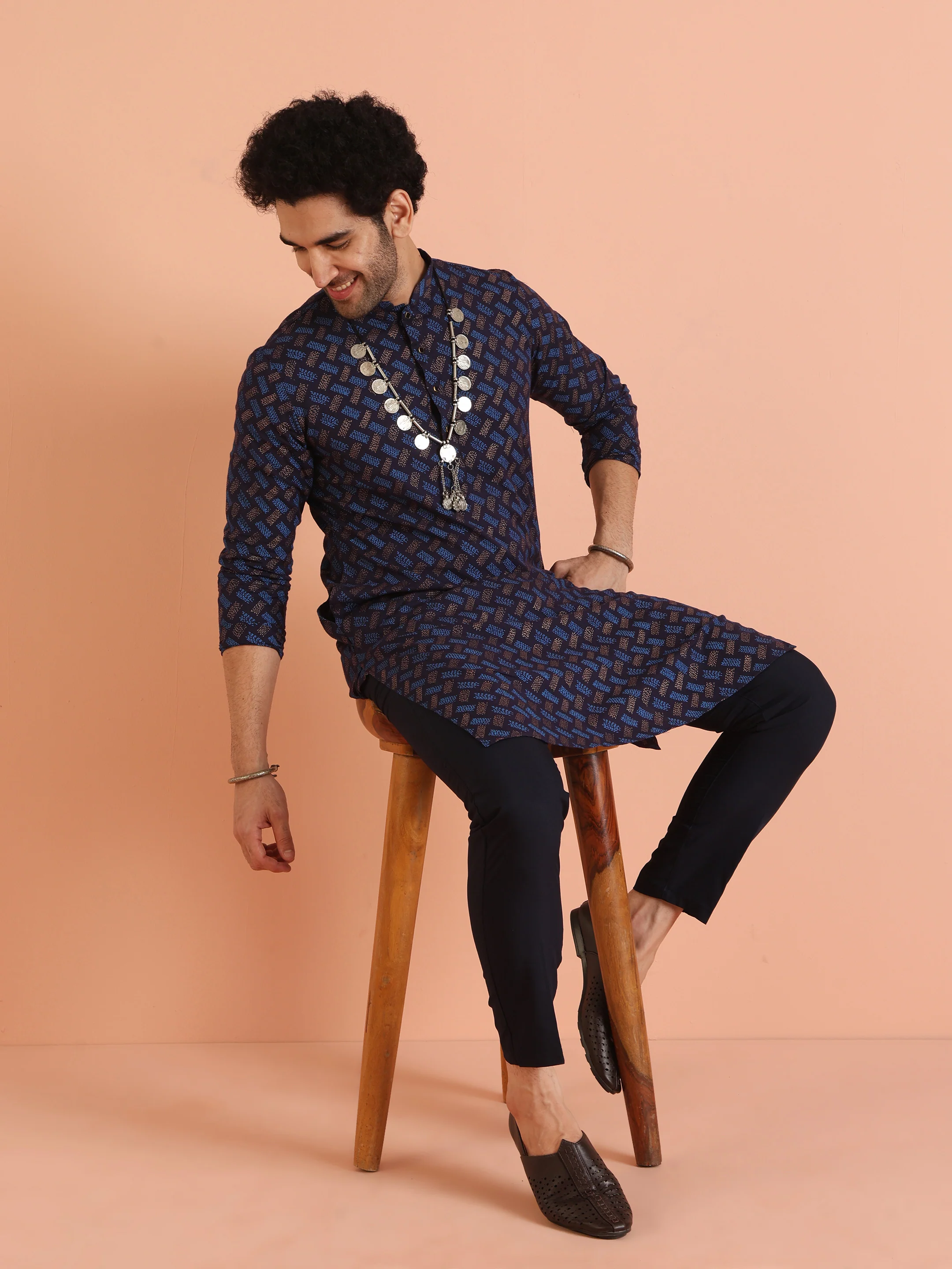 Blue Cotton Silk Printed Long Kurta - Image 7