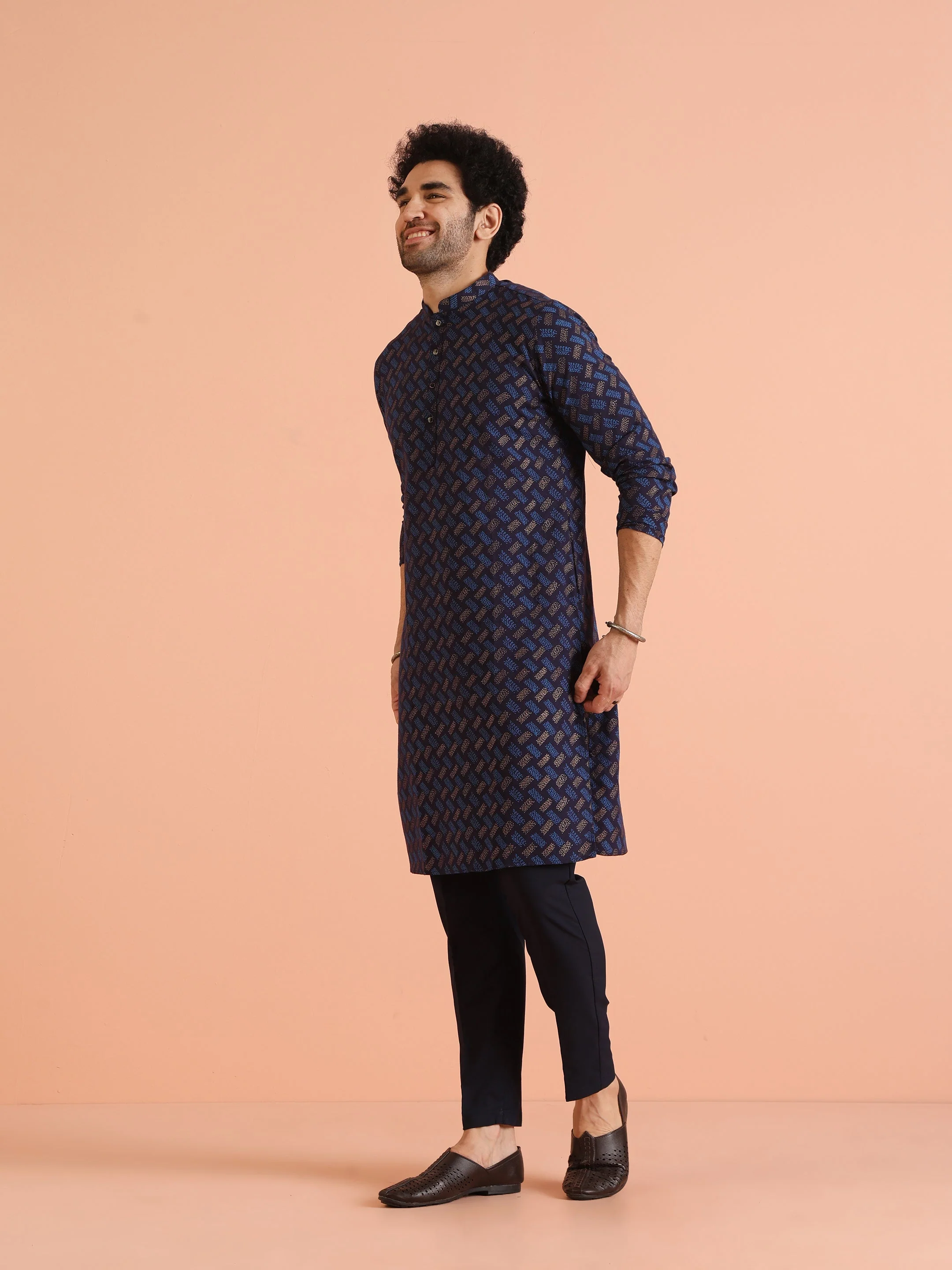 Blue Cotton Silk Printed Long Kurta - Image 9