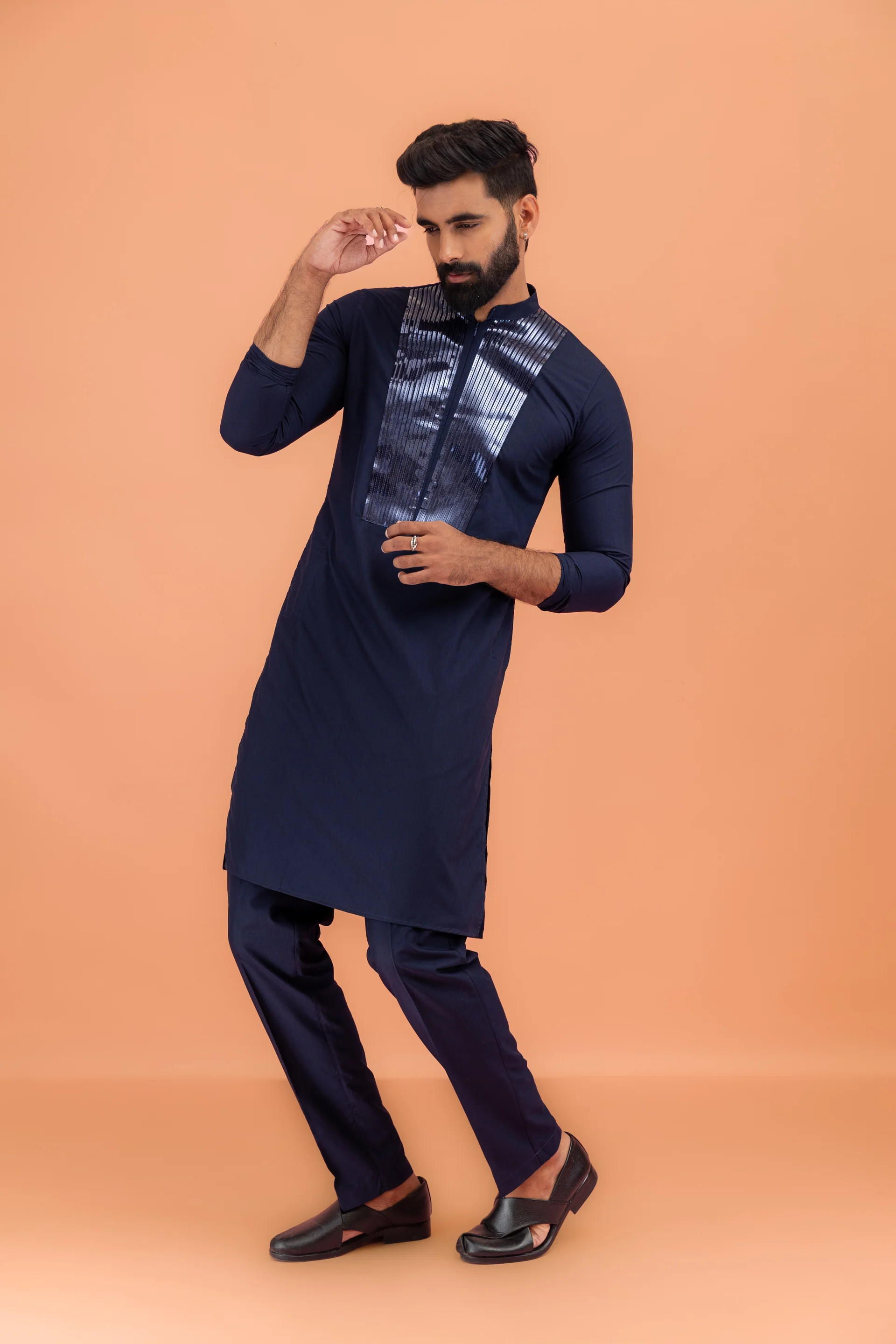 Navy Cotton Silk Mettallic Tape Basic Kurta - Image 2