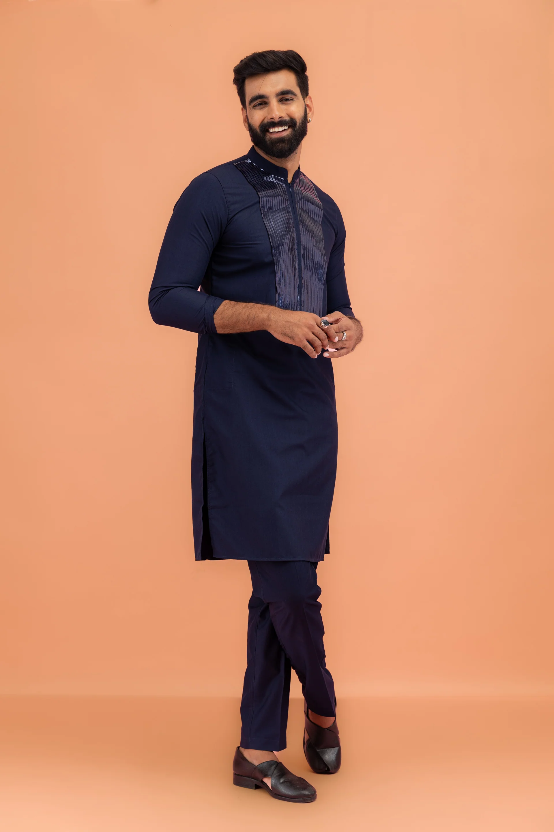 Navy Cotton Silk Mettallic Tape Basic Kurta - Image 3