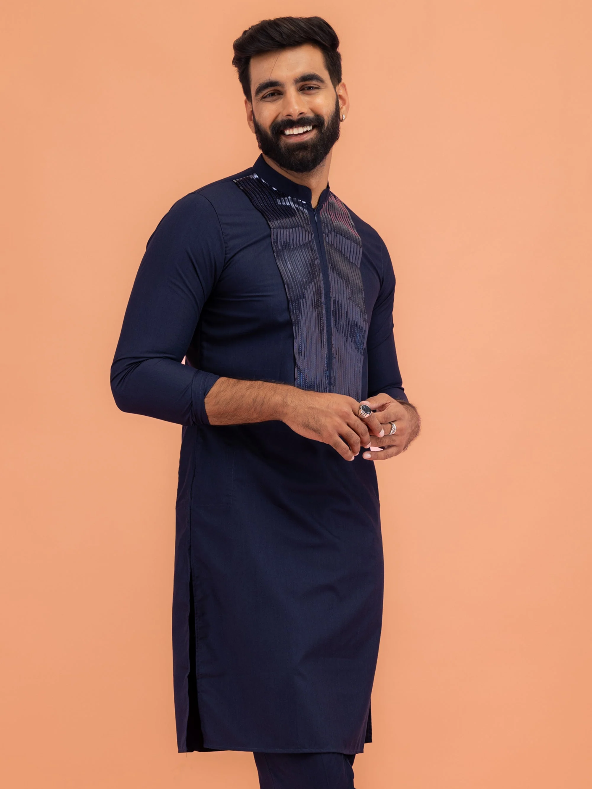 Navy Cotton Silk Mettallic Tape Basic Kurta - Image 9