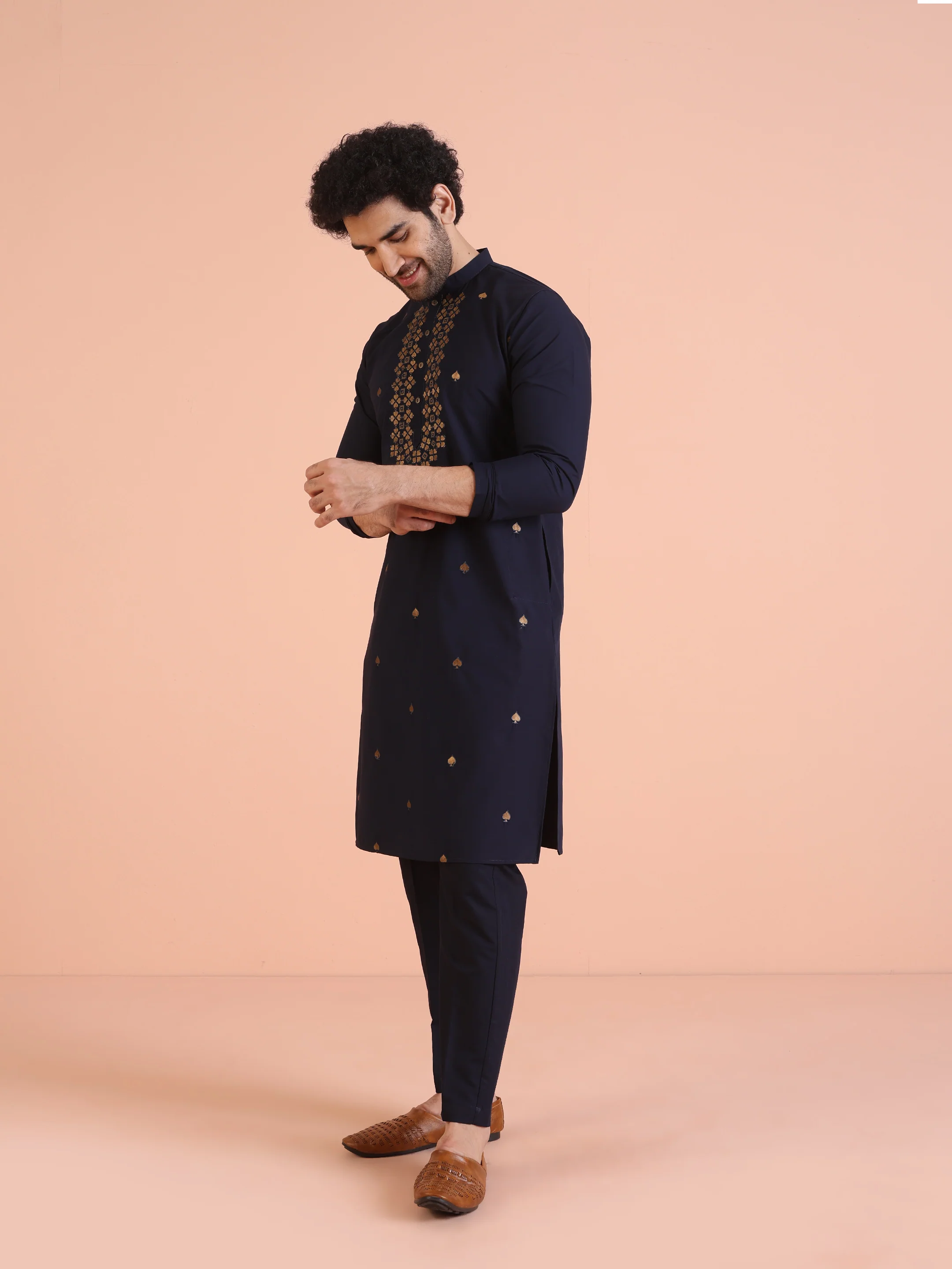 Navy Blue Cotton Silk Embroidered Long Kurta - Image 3