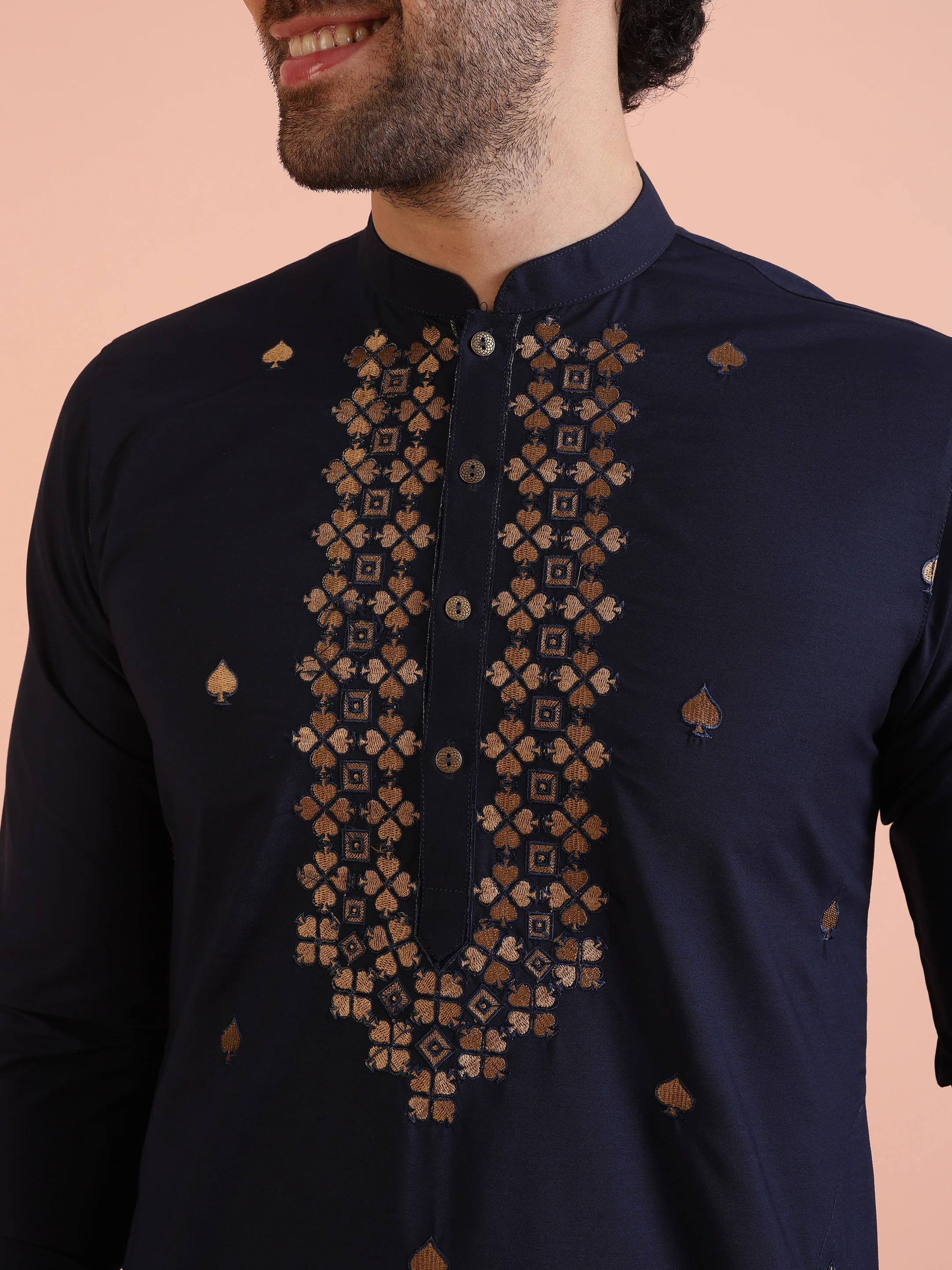Navy Blue Cotton Silk Embroidered Long Kurta - Image 5