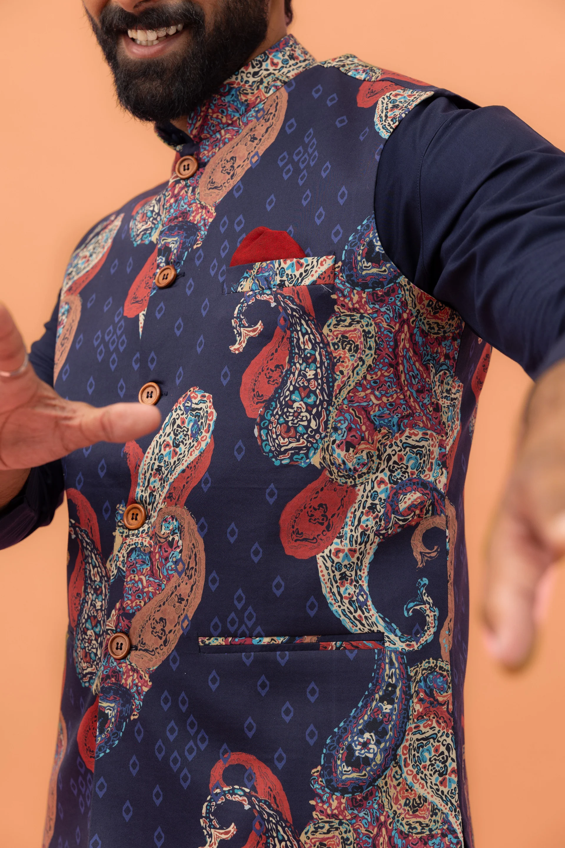 Navy Paisley Printed Nehru Jacket - Image 6