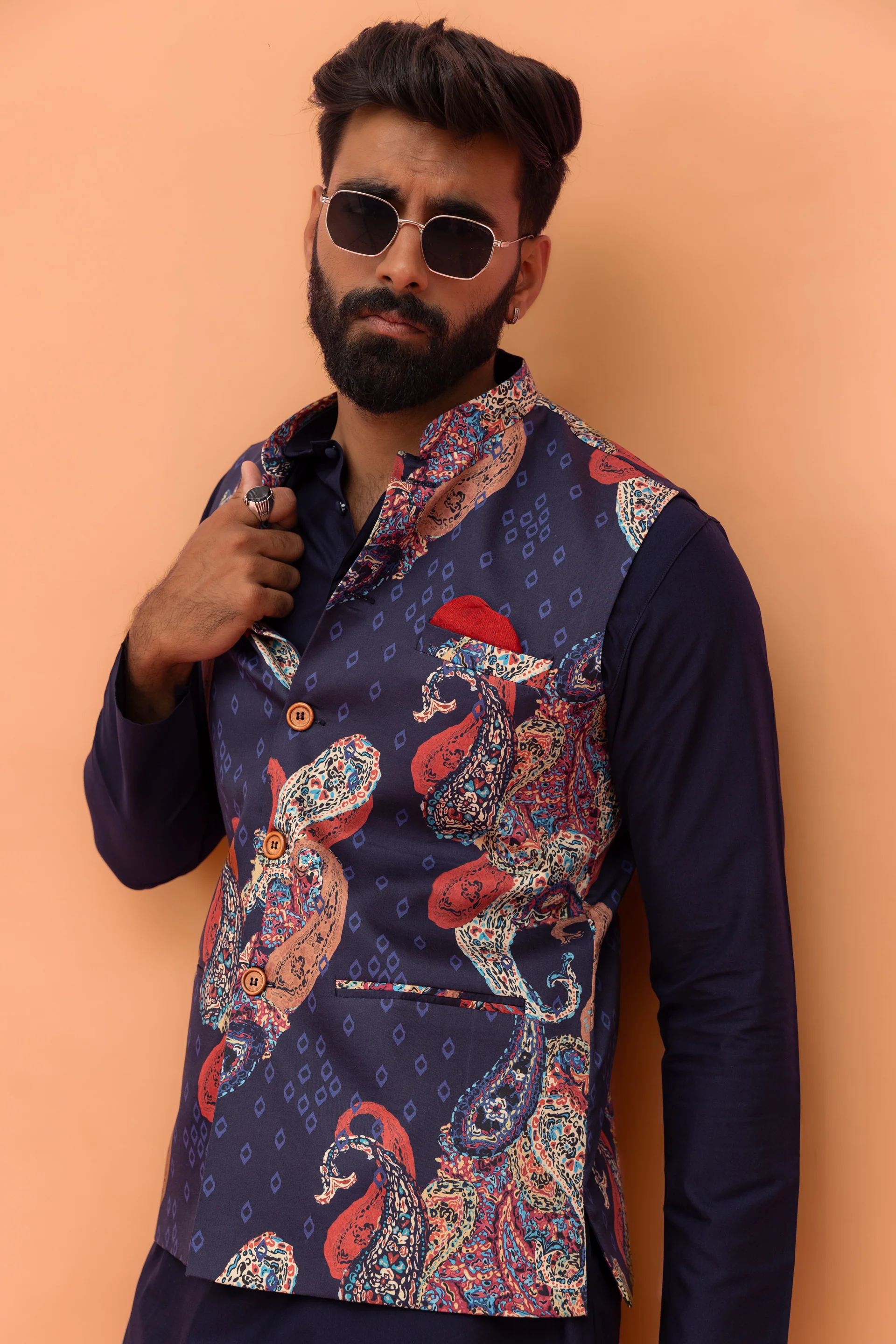 Navy Paisley Printed Nehru Jacket - Image 7