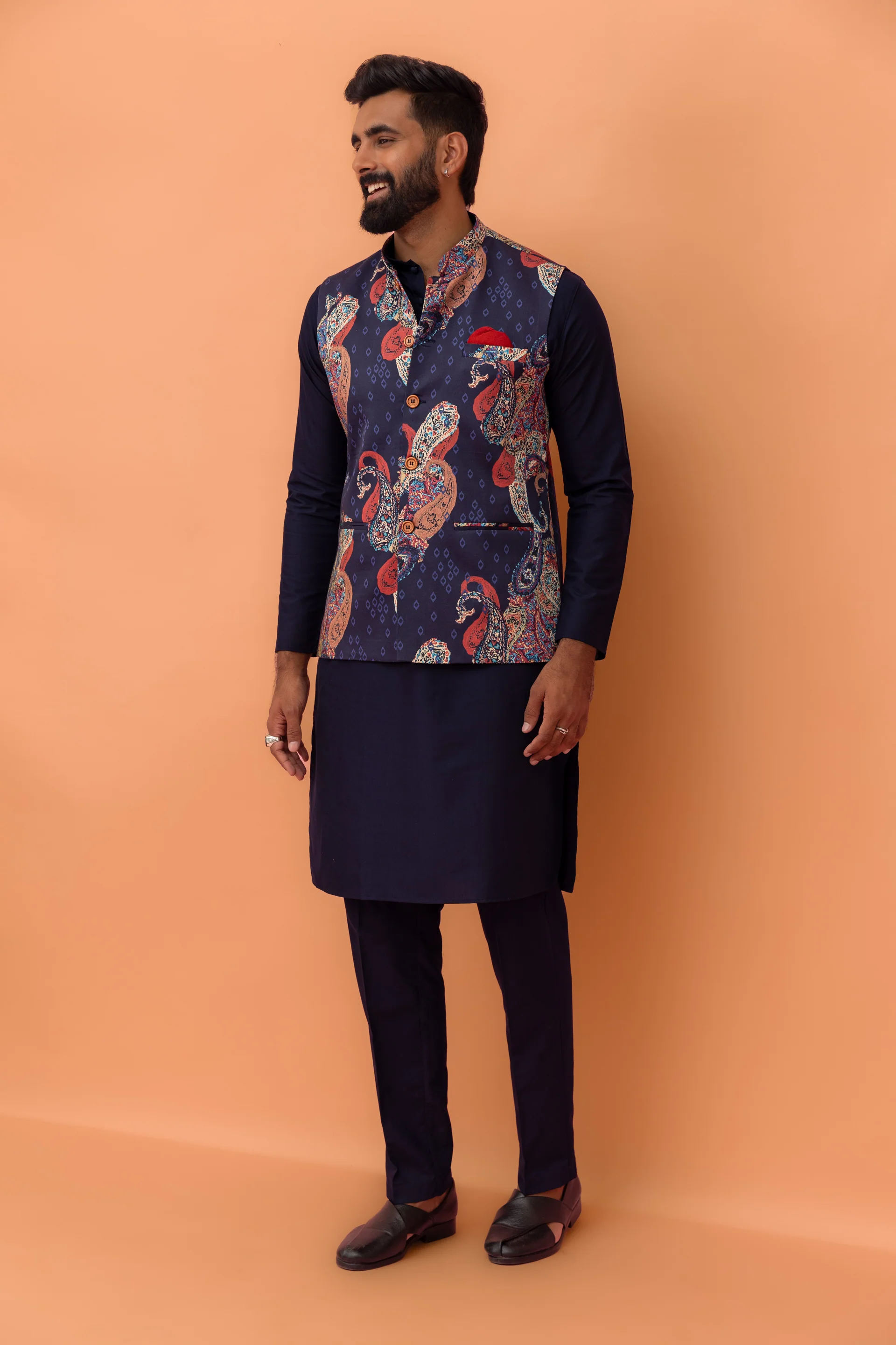 Navy Paisley Printed Nehru Jacket - Image 8