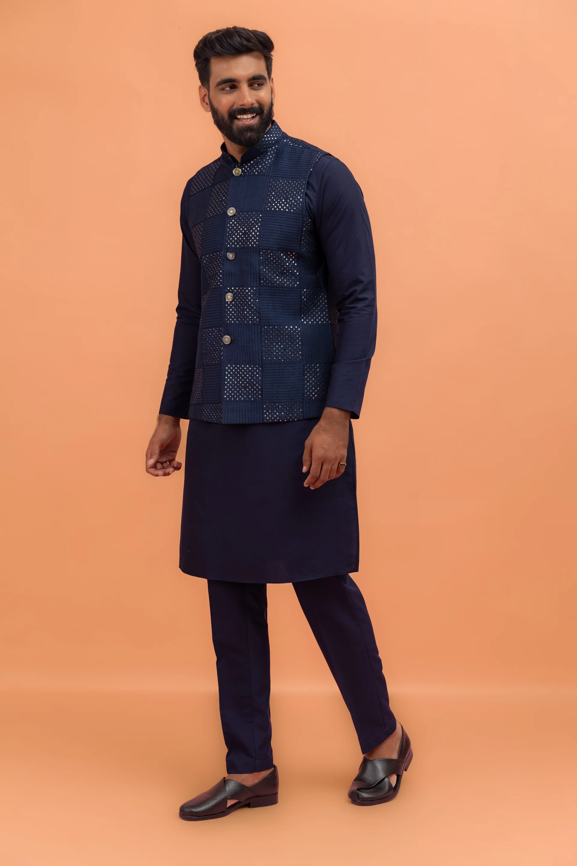 Navy Blue Sequence Work Nehru Jacket - Image 3