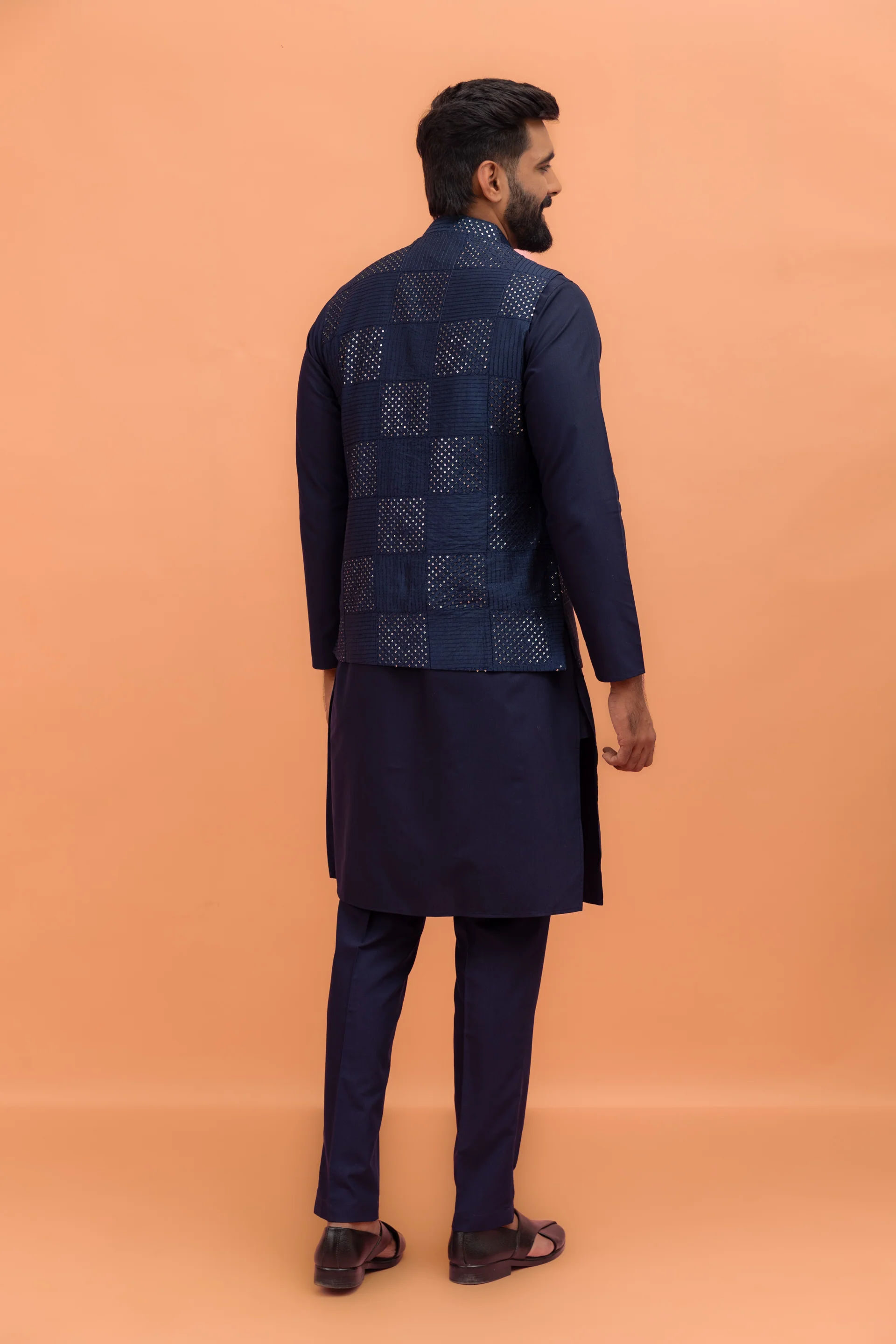 Navy Blue Sequence Work Nehru Jacket - Image 4