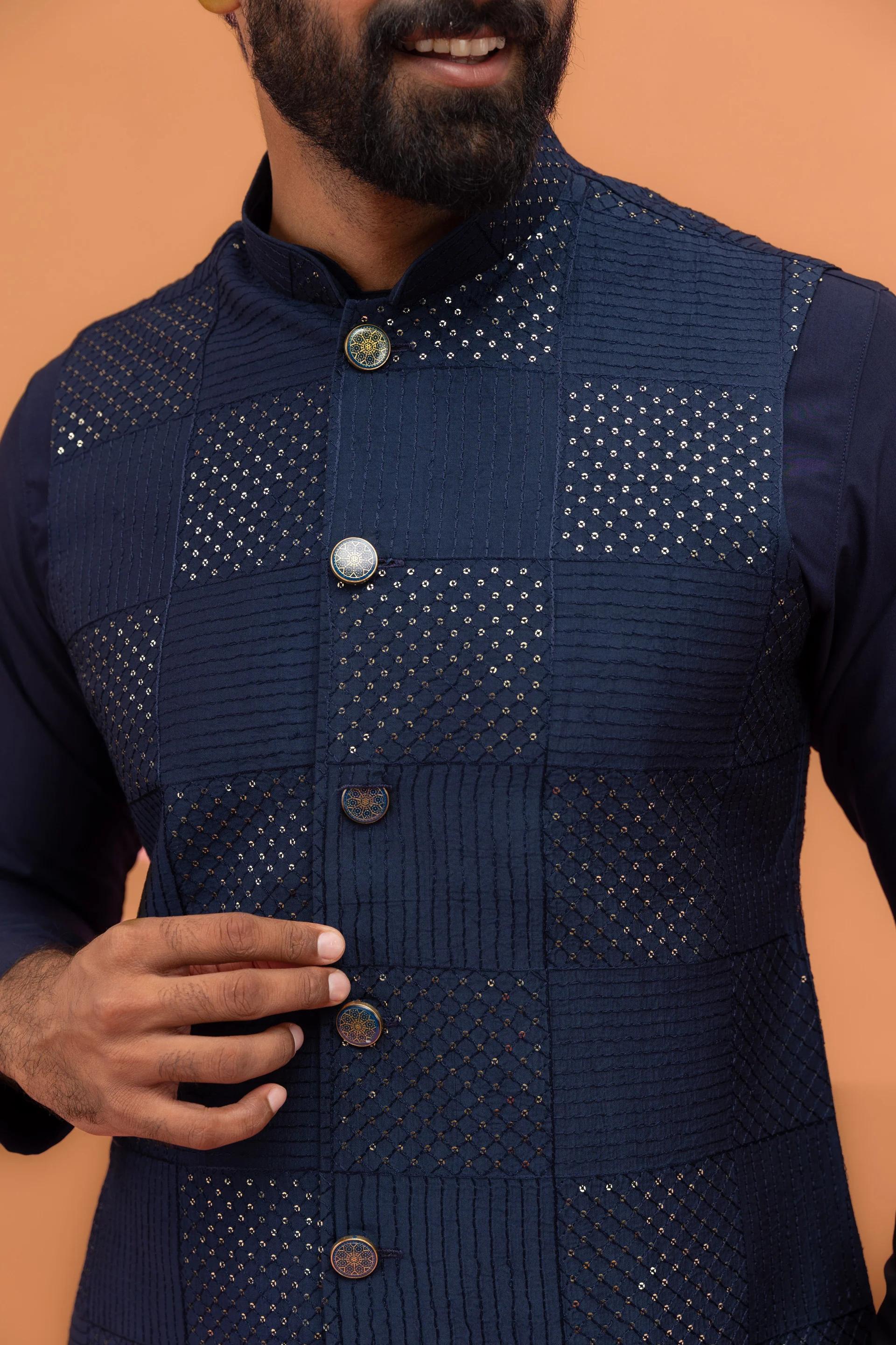 Navy Blue Sequence Work Nehru Jacket - Image 5
