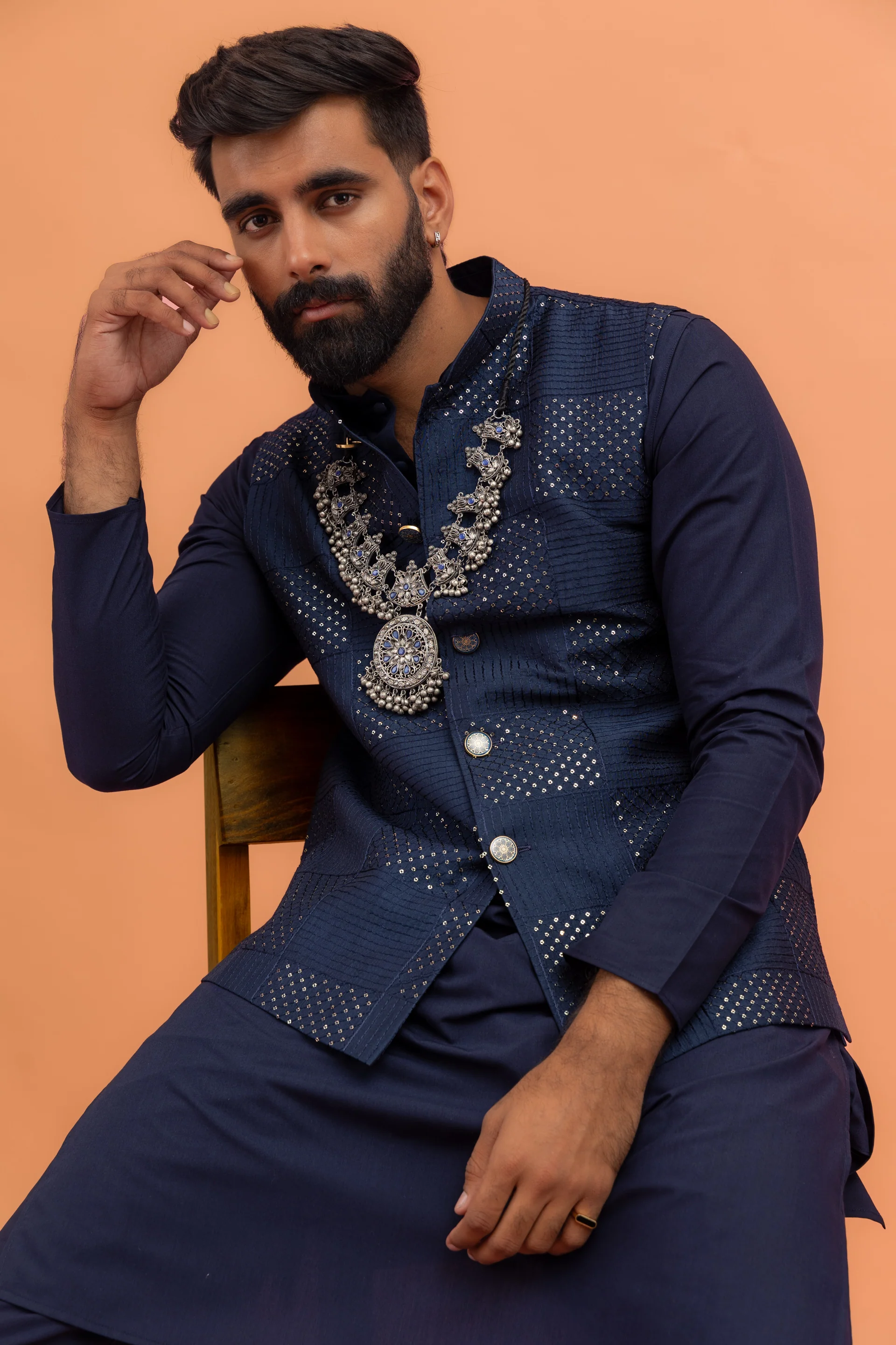 Navy Blue Sequence Work Nehru Jacket - Image 6
