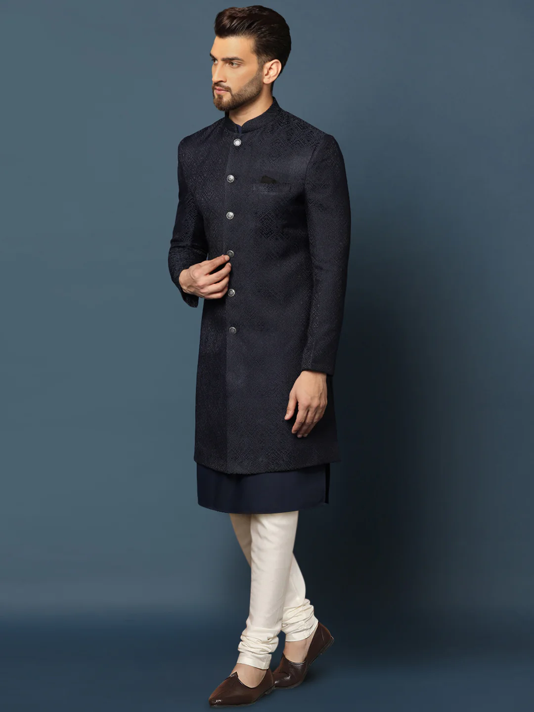 Navy Blue Woven Sherwani Churidar Set - Image 2