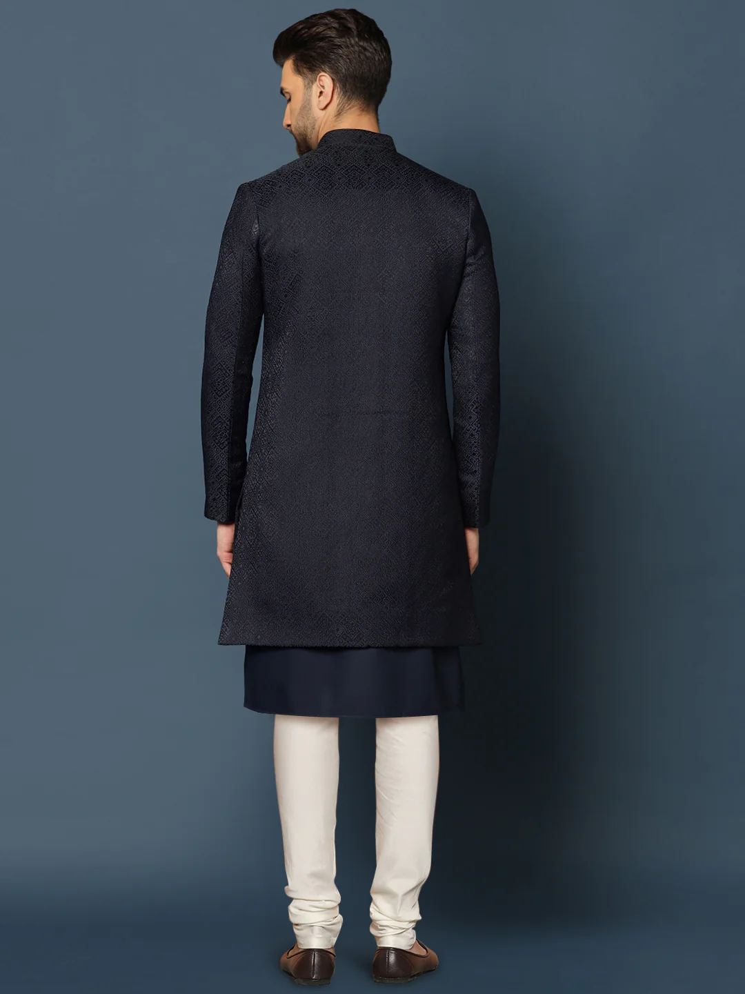 Navy Blue Woven Sherwani Churidar Set - Image 4