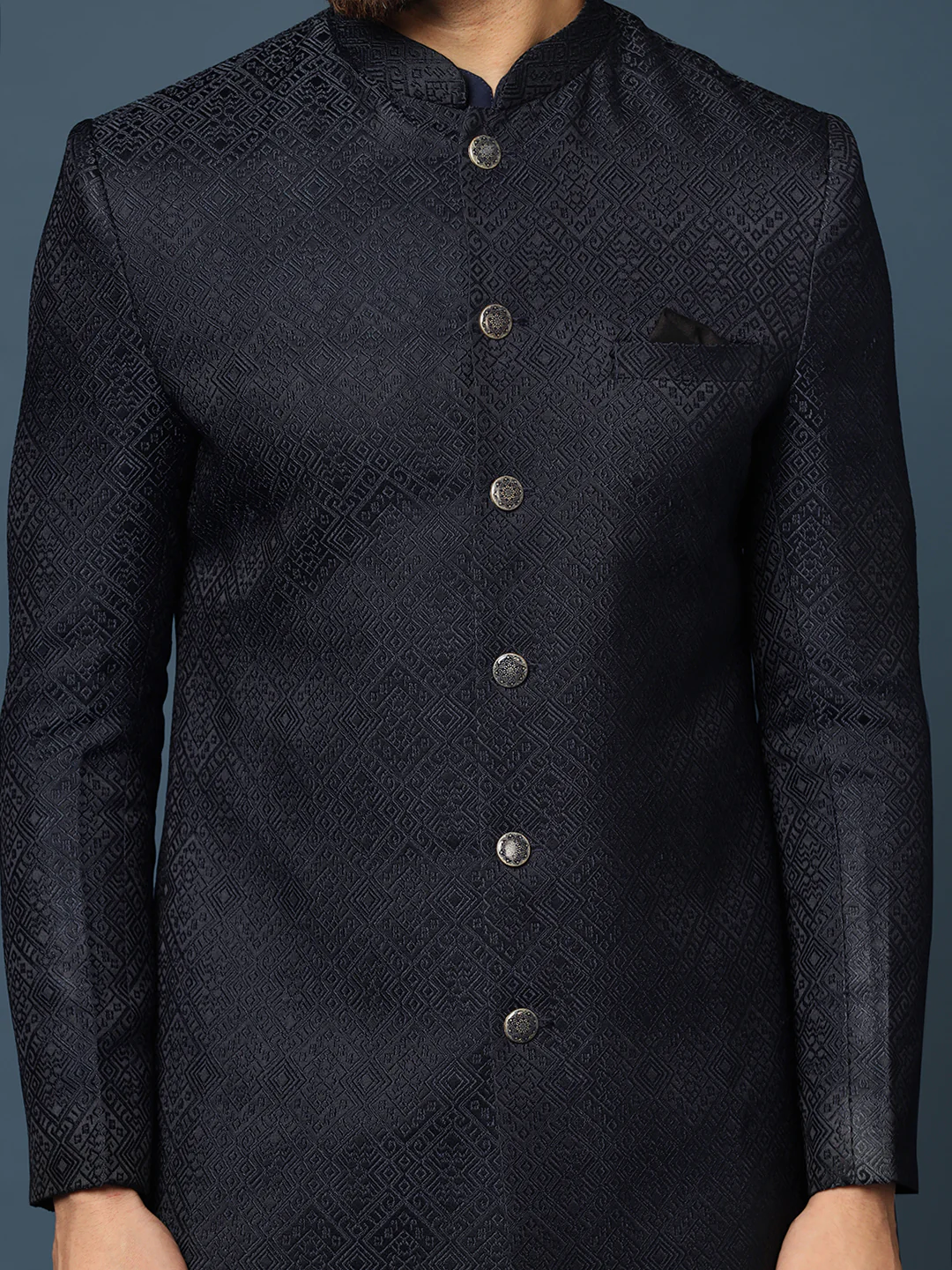Navy Blue Woven Sherwani Churidar Set - Image 6
