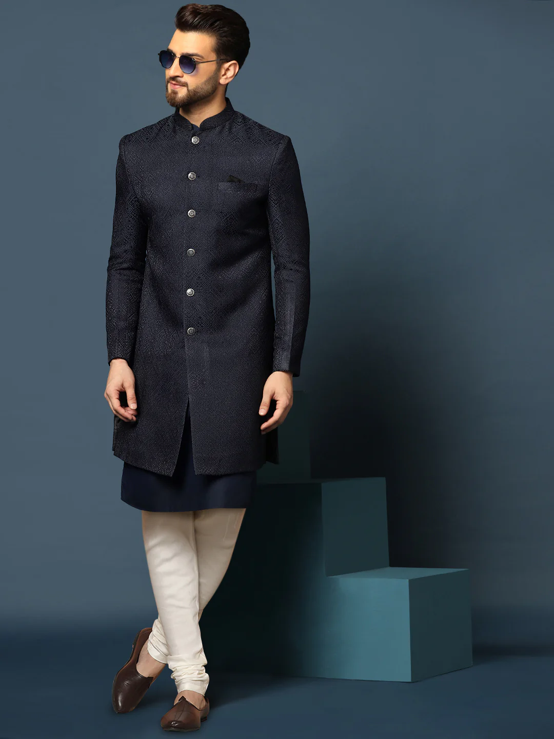 Navy Blue Woven Sherwani Churidar Set - Image 8