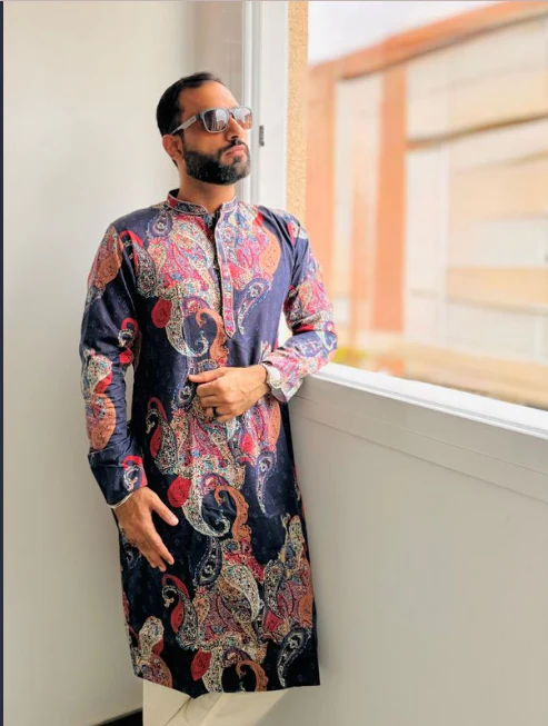 Men Navy Blue Multi-Color Paisley Printed Kurta Trouser Set - Image 10