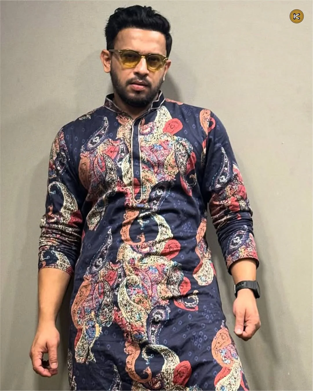 Men Navy Blue Multi-Color Paisley Printed Kurta Trouser Set - Image 11