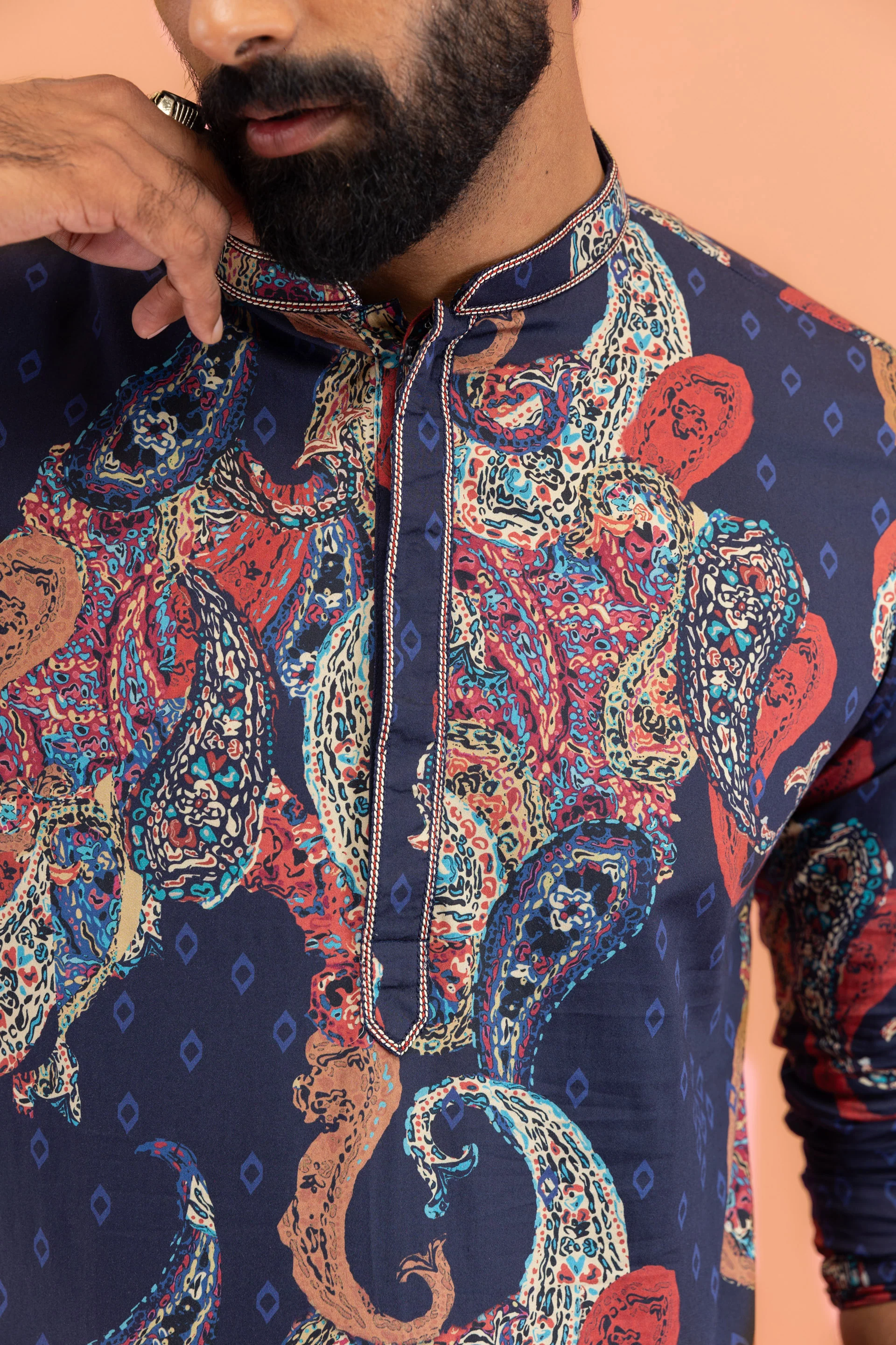 Men Navy Blue Multi-Color Paisley Printed Kurta Trouser Set - Image 5