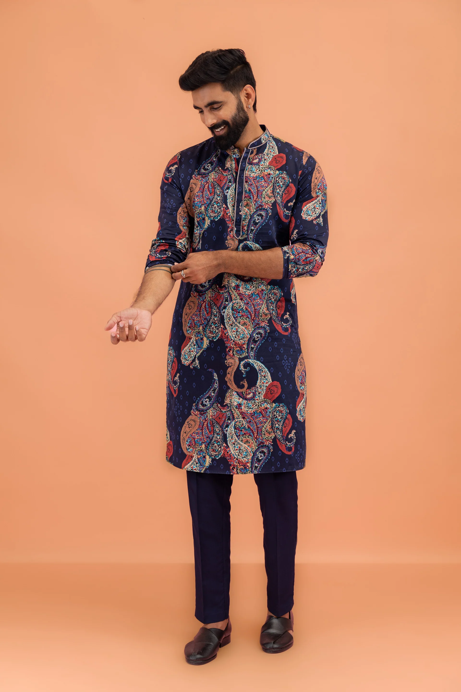 Men Navy Blue Multi-Color Paisley Printed Kurta Trouser Set - Image 8