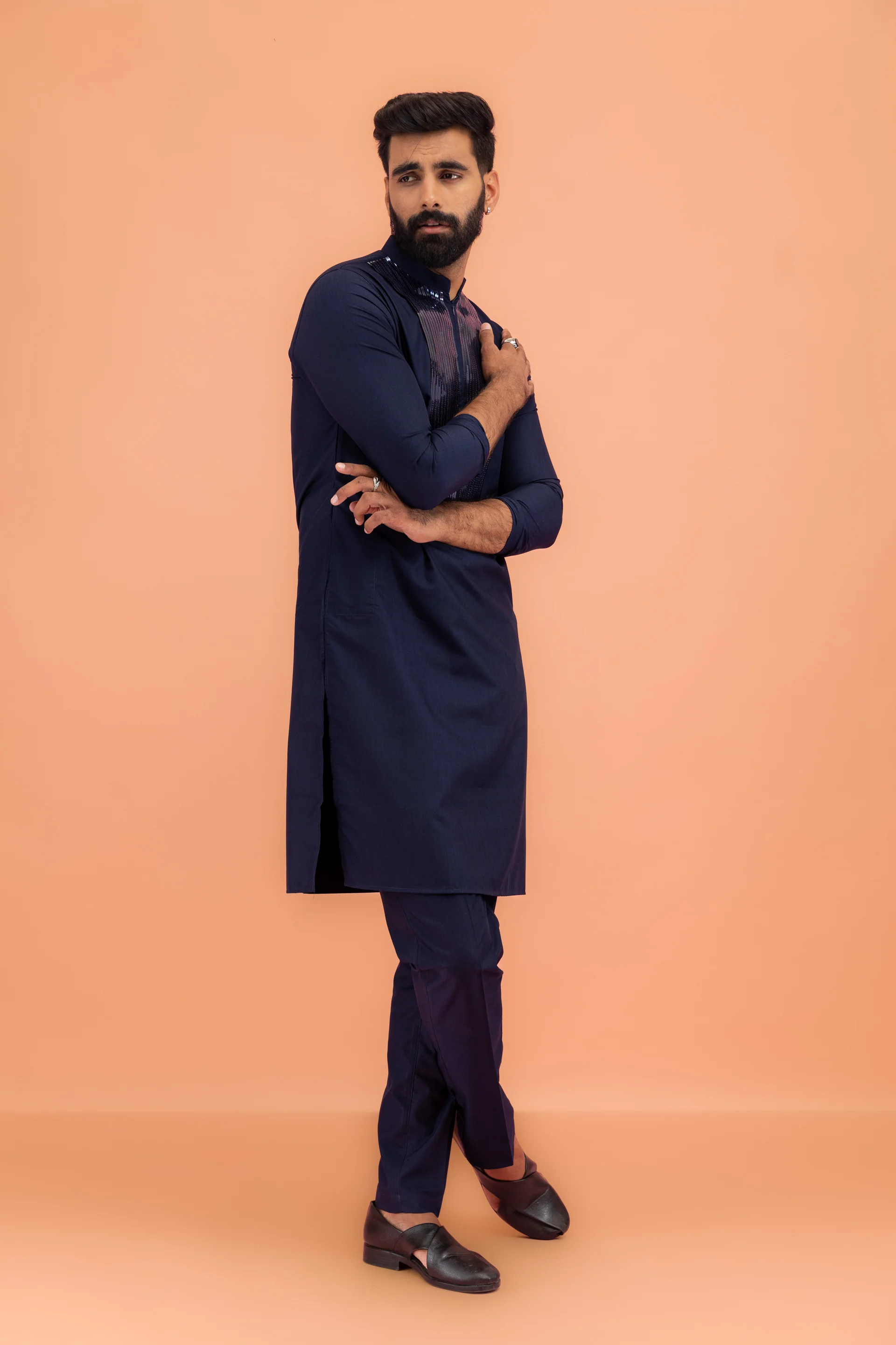 Men's Navy Blue Kurta Trouser Set - Image 5