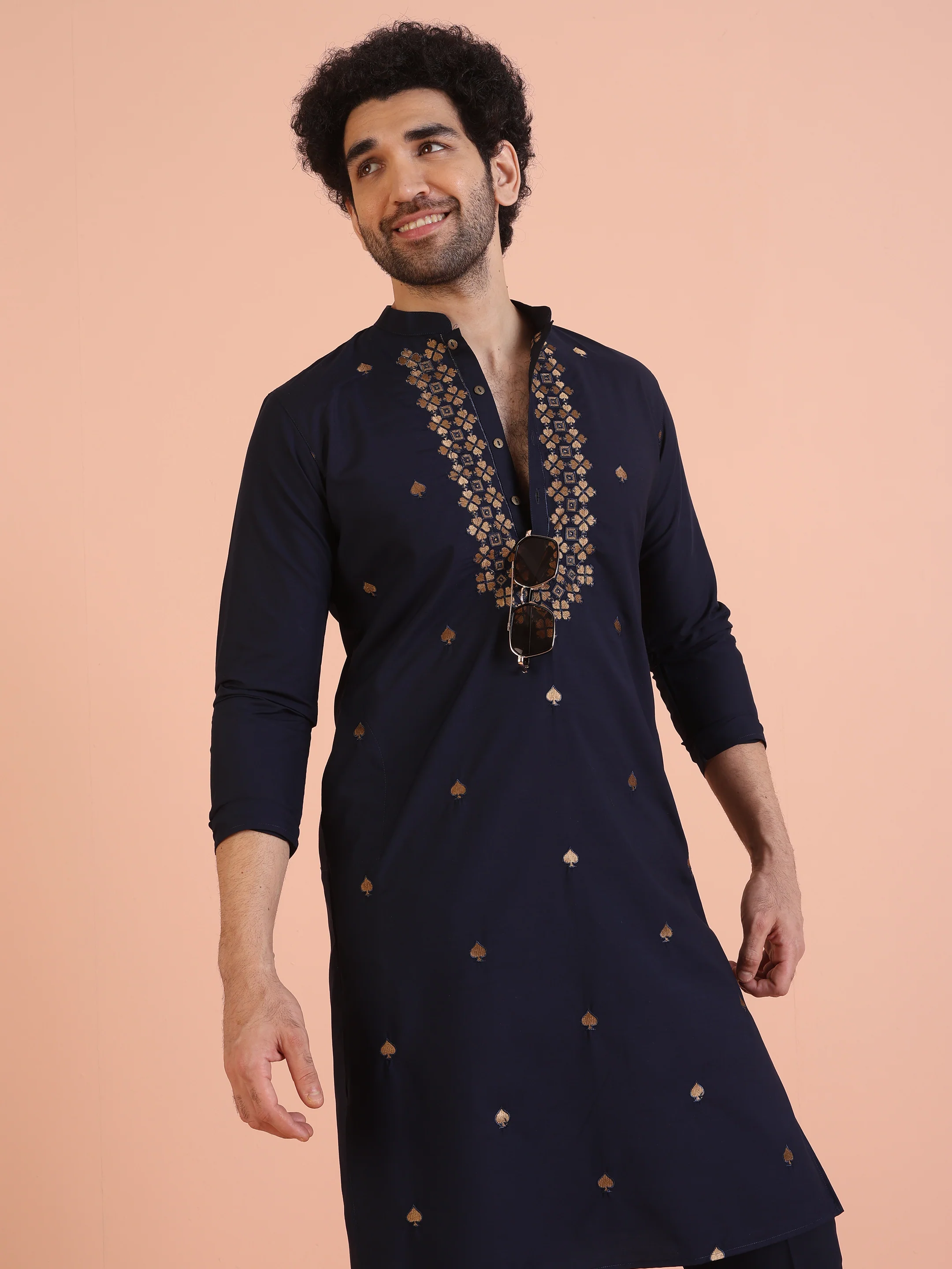 Navy Blue Silk Blend Embroidered Kurta Trouser - Image 7