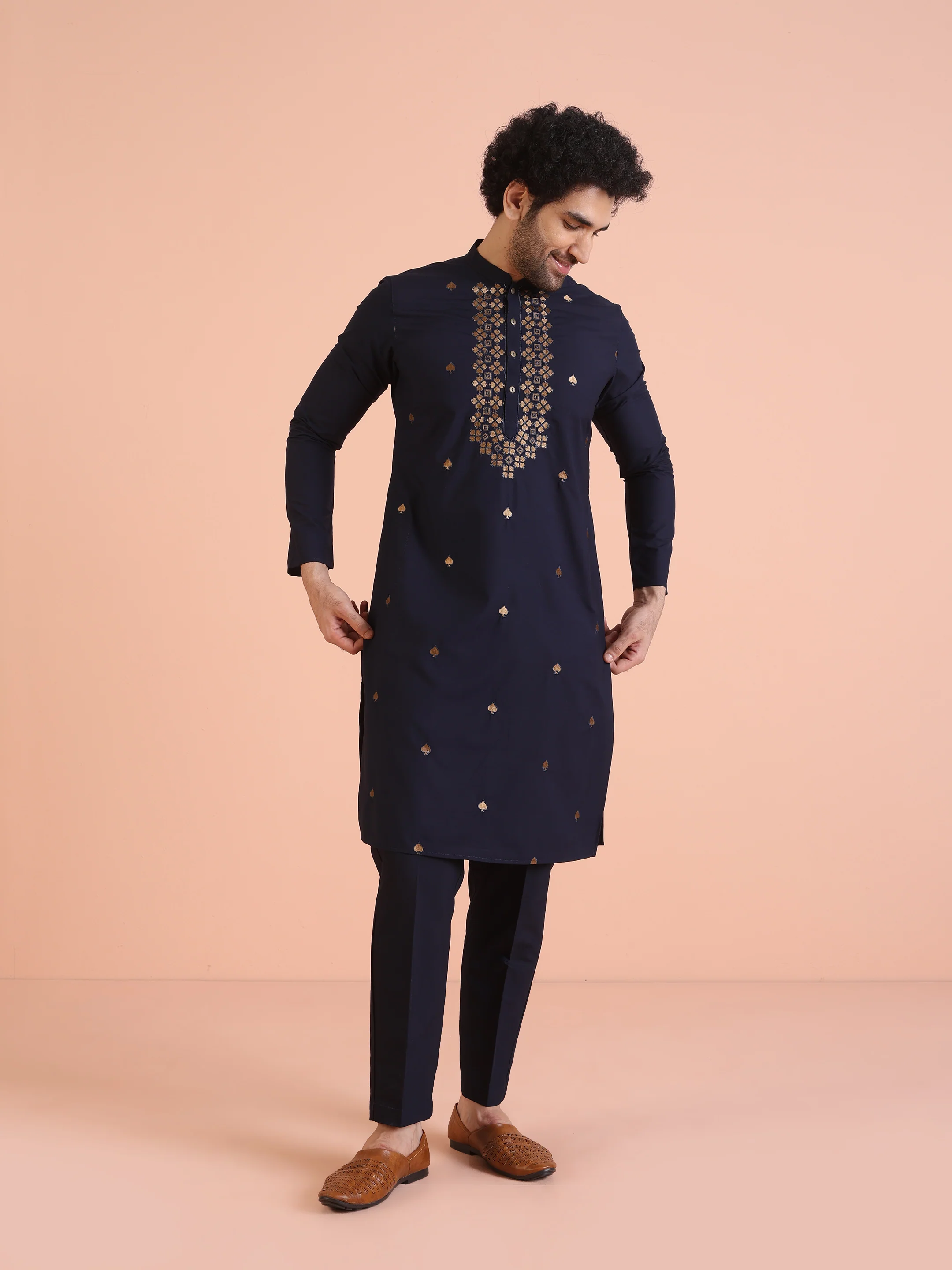 Navy Blue Silk Blend Embroidered Kurta Trouser - Image 9