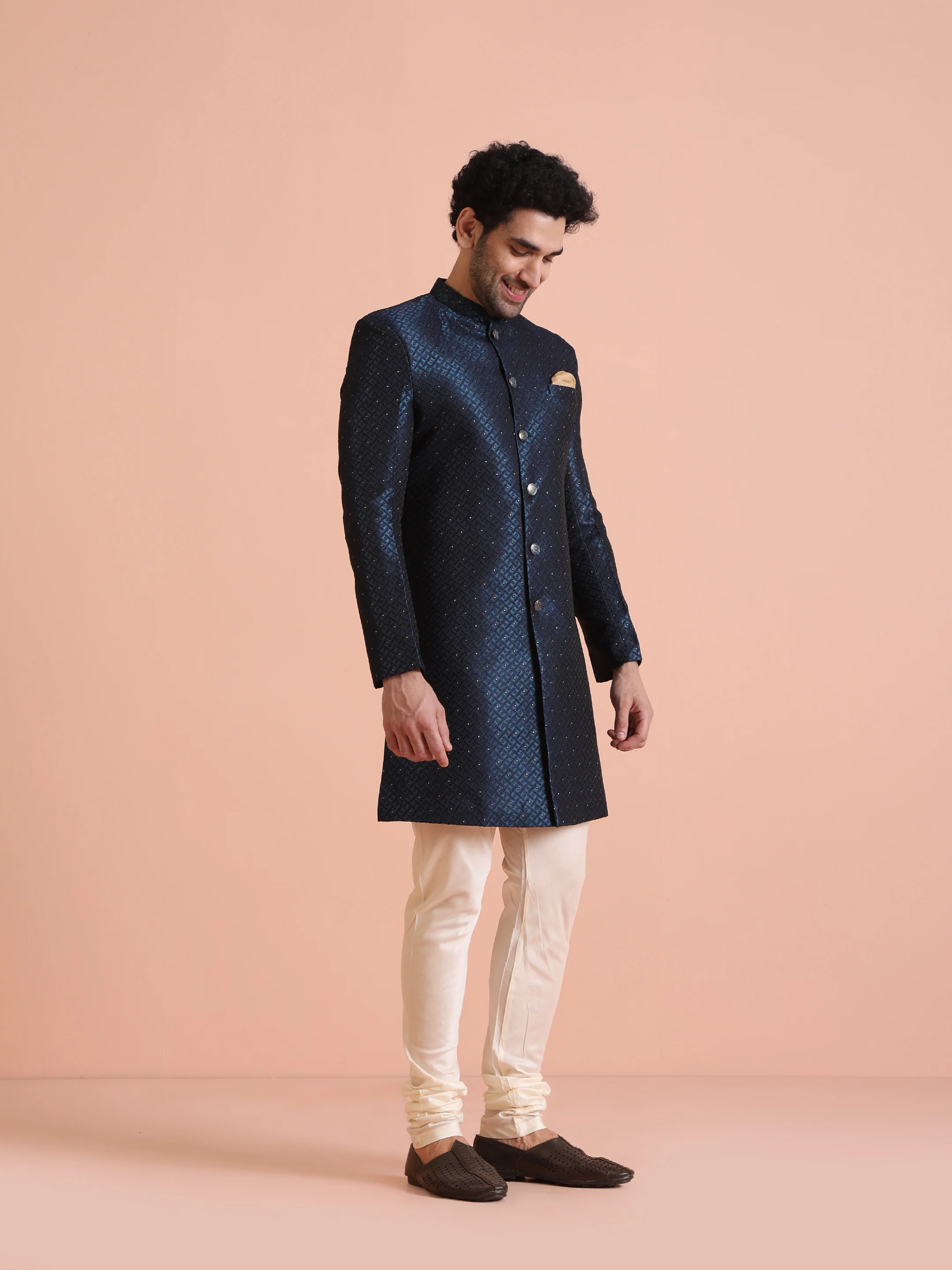 Navy Blue Textured Sherwani Churidar Set - Image 2