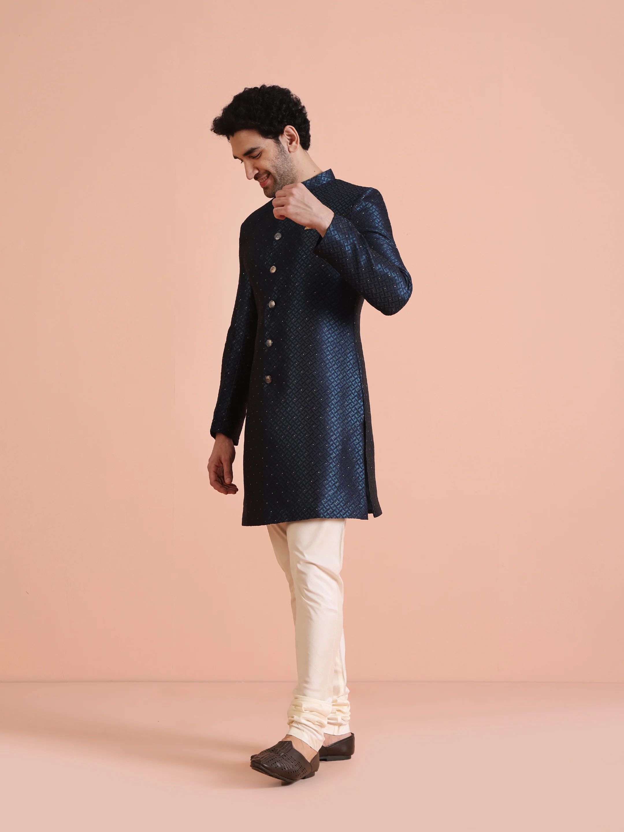 Navy Blue Textured Sherwani Churidar Set - Image 3
