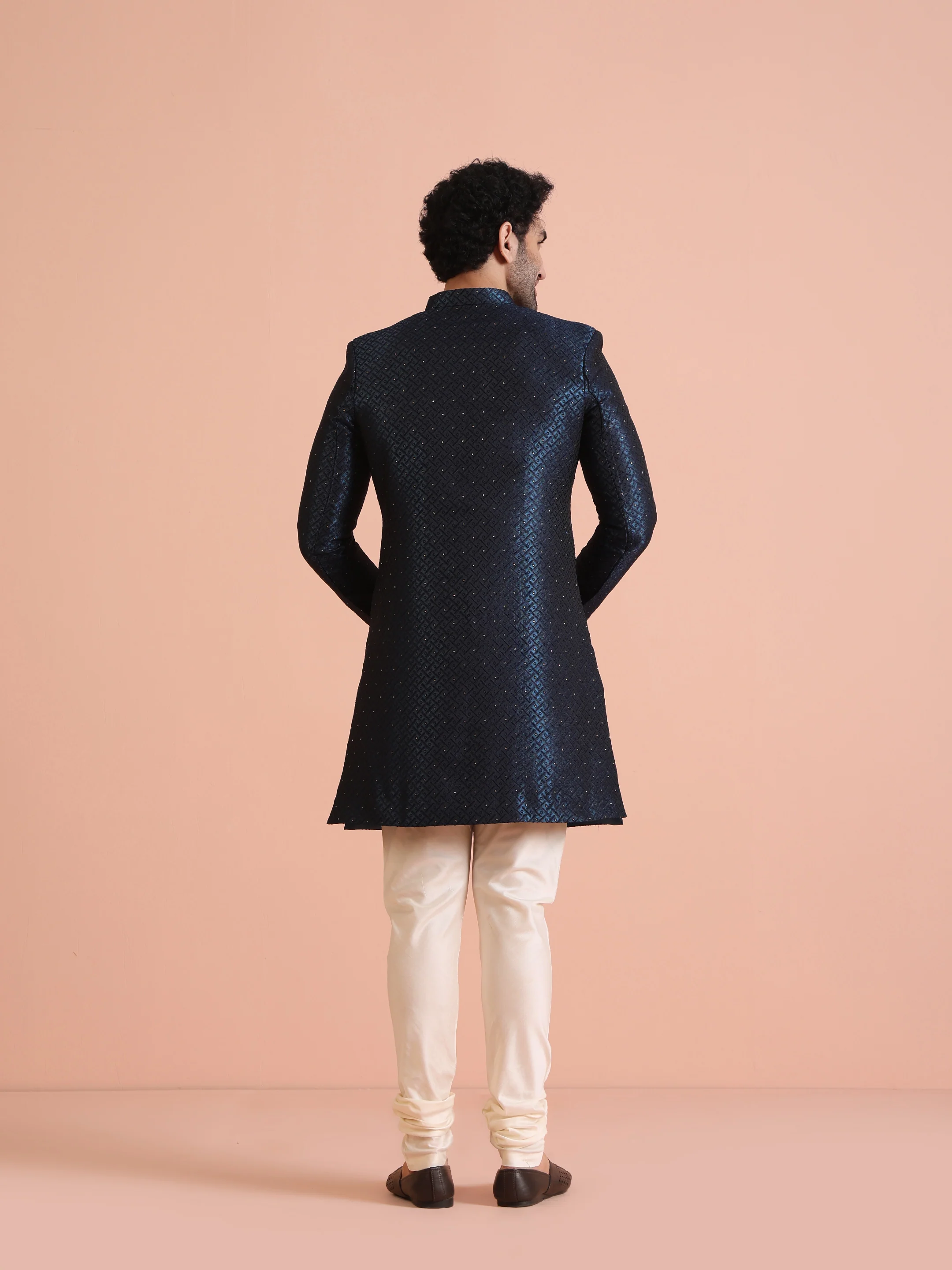 Navy Blue Textured Sherwani Churidar Set - Image 4