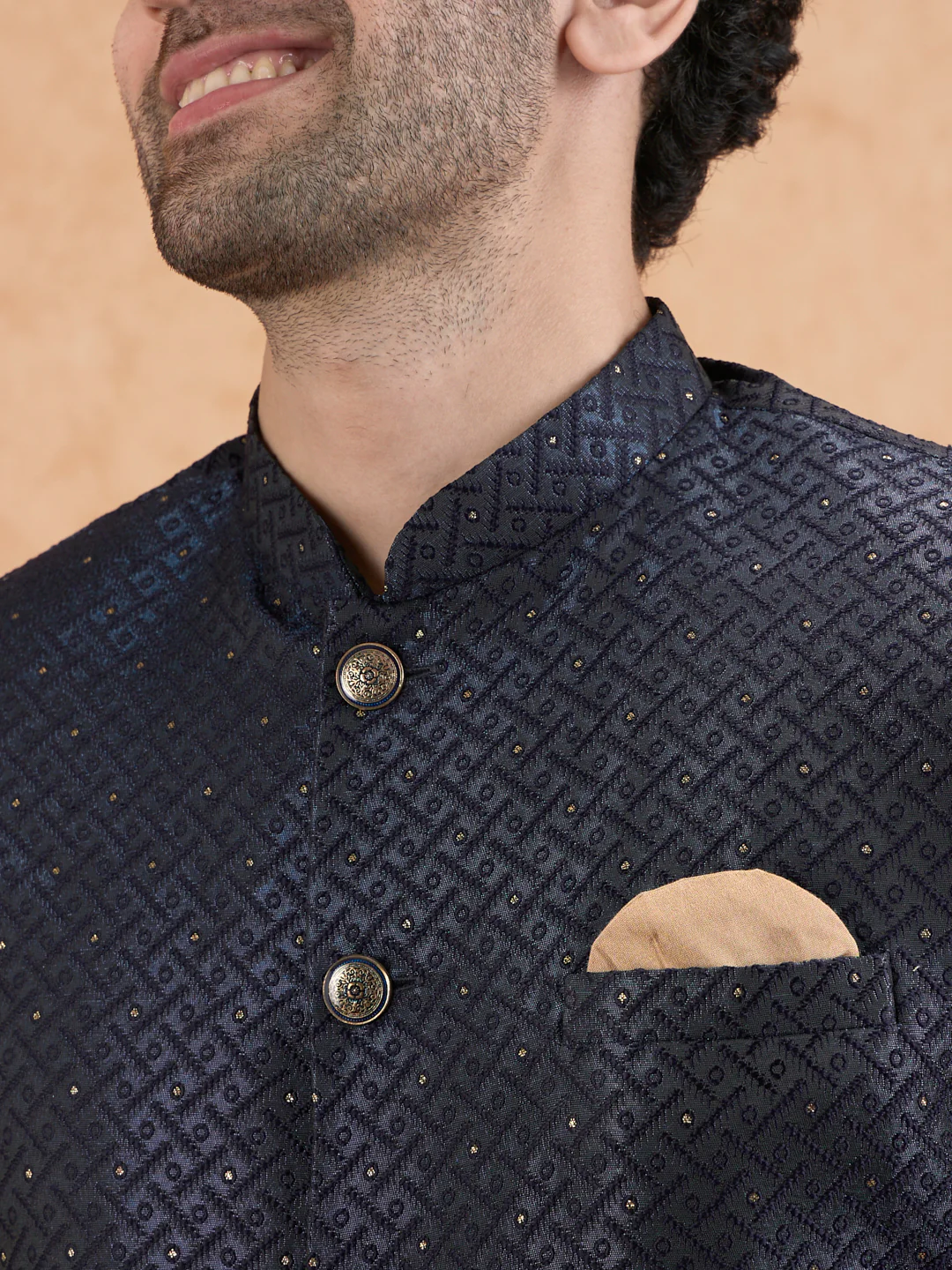 Blue Silk Blend Textured Indowestern Sherwani with Dhoti - Image 2