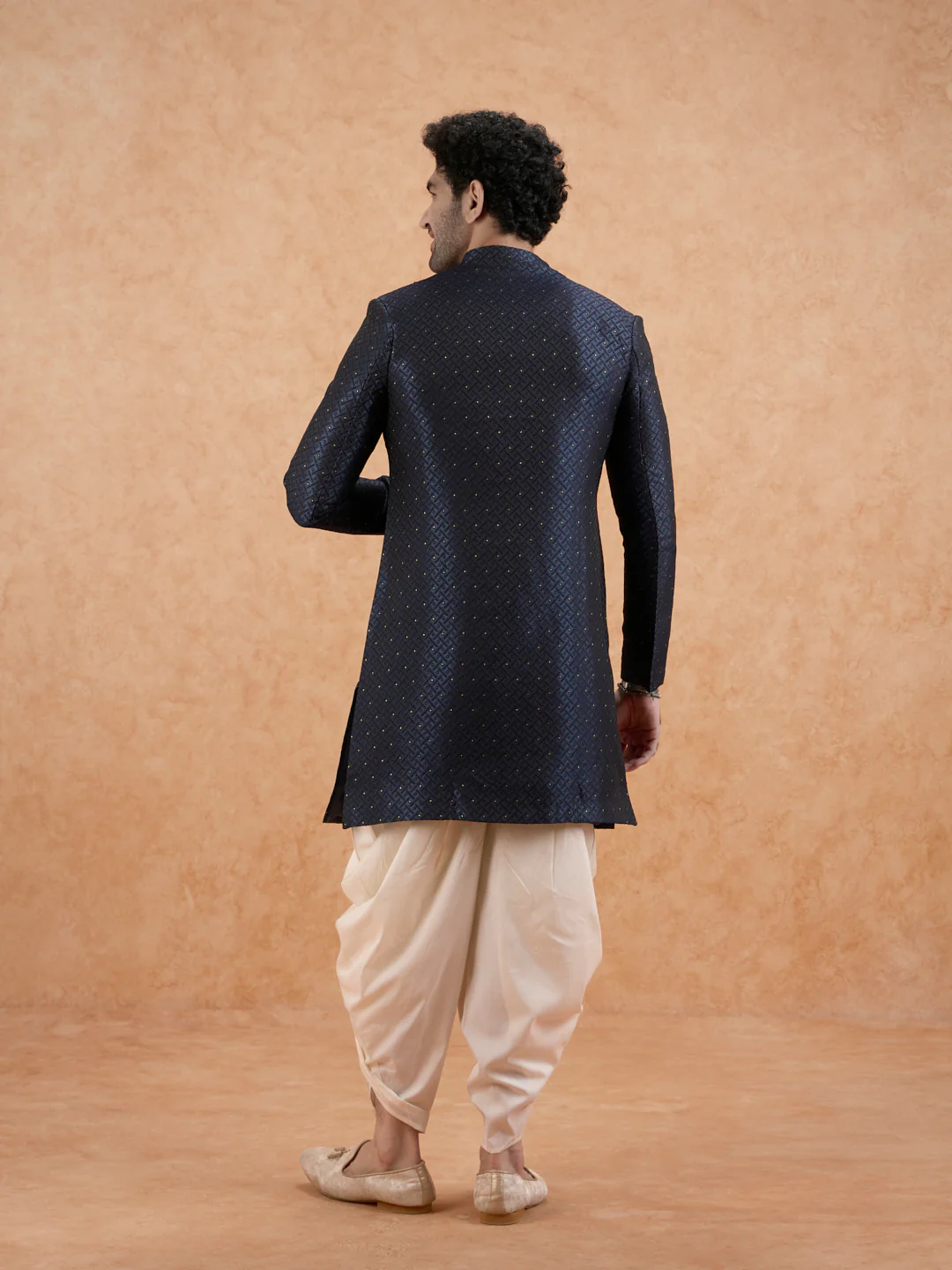 Blue Silk Blend Textured Indowestern Sherwani with Dhoti - Image 5